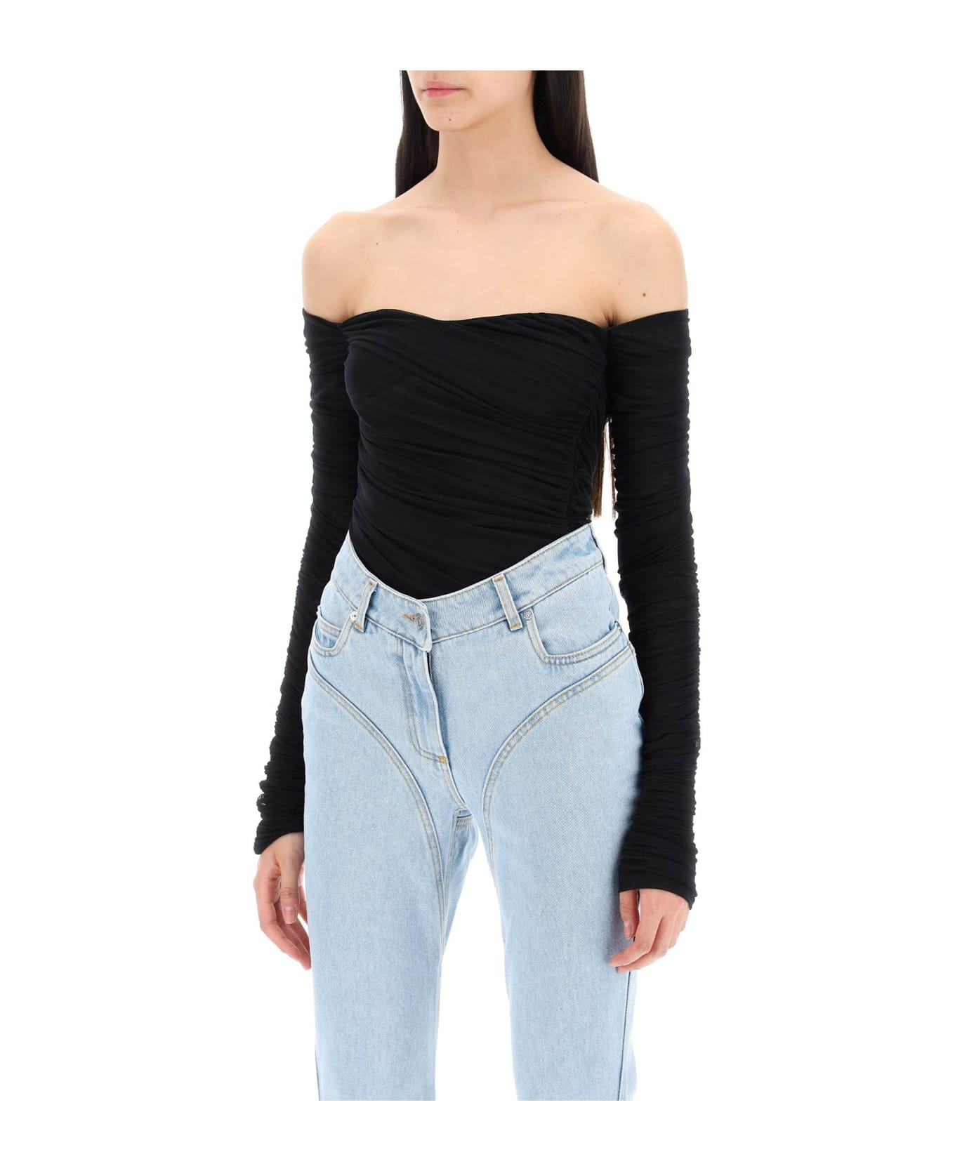 Mugler Off-shoulder Mesh Body - BLACK (Black)