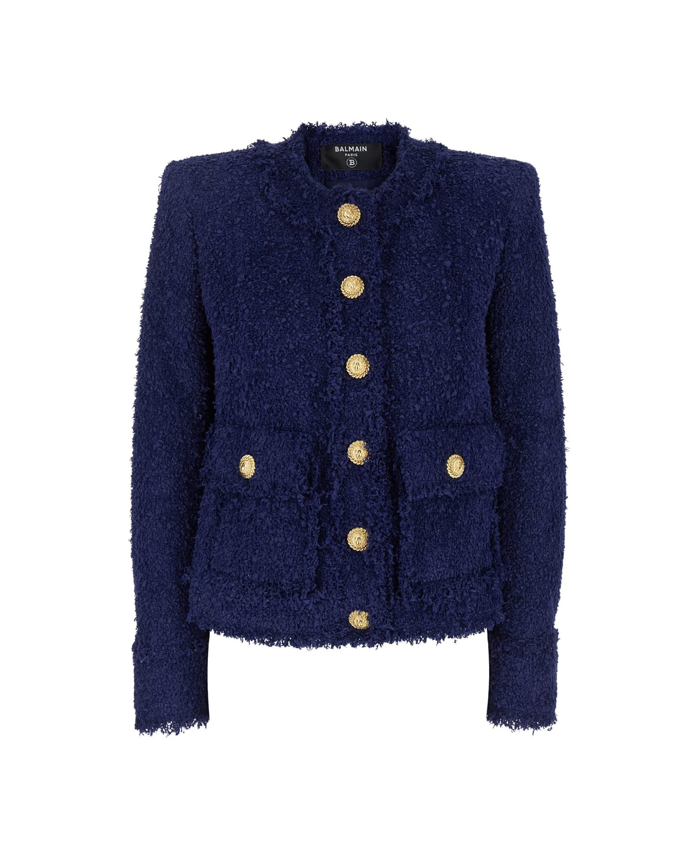 Balmain Blue Collarless Jacket With Gold Buttons In Tweed Woman - Blu