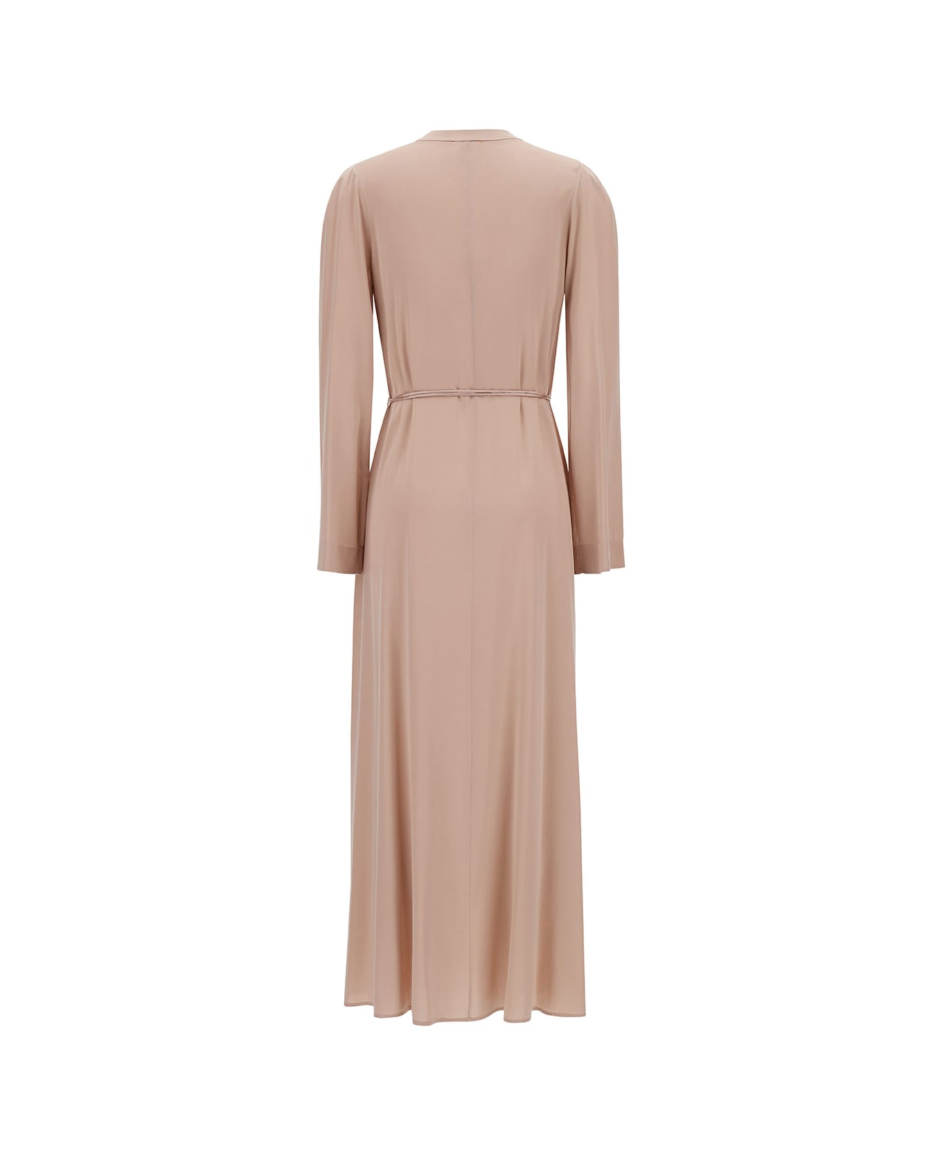 Forte_Forte Long Pale Pink Dress With Belt And Long Sleeves In Stretch Silk Woman - Pink