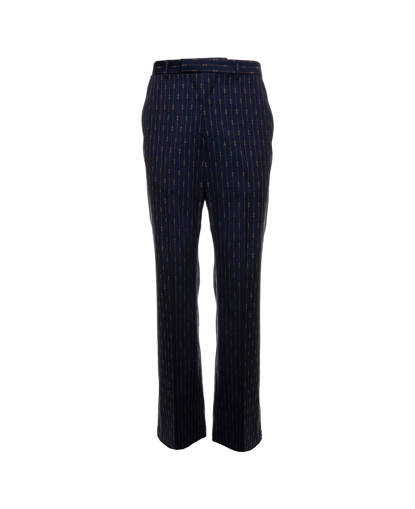 Gucci Man's Blue Wool Tailored Pants With Allover Horsebit Motif - blue ボトムス