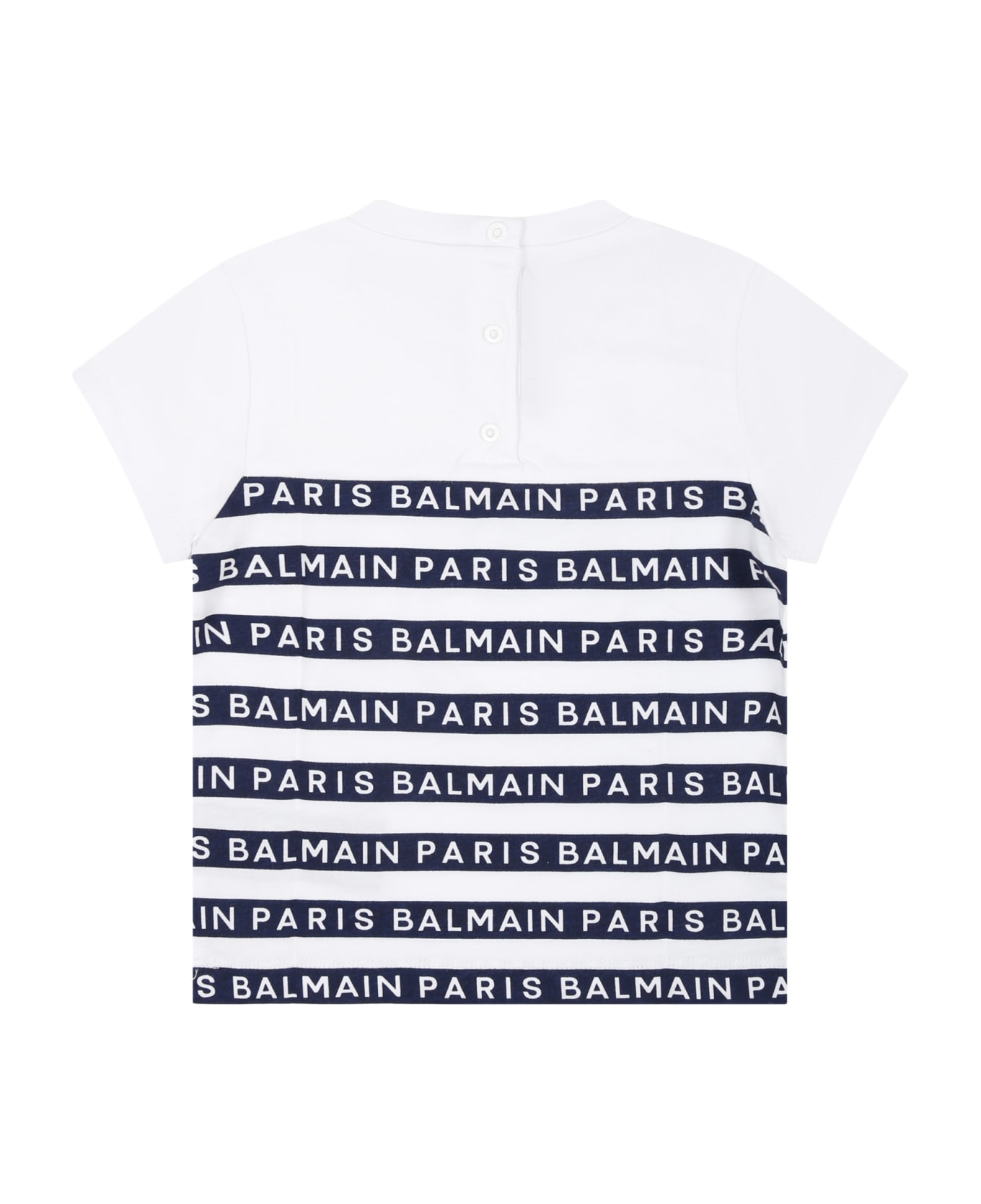 Balmain White T-shirt For Baby Boy With Blue Stripes And Logo - White