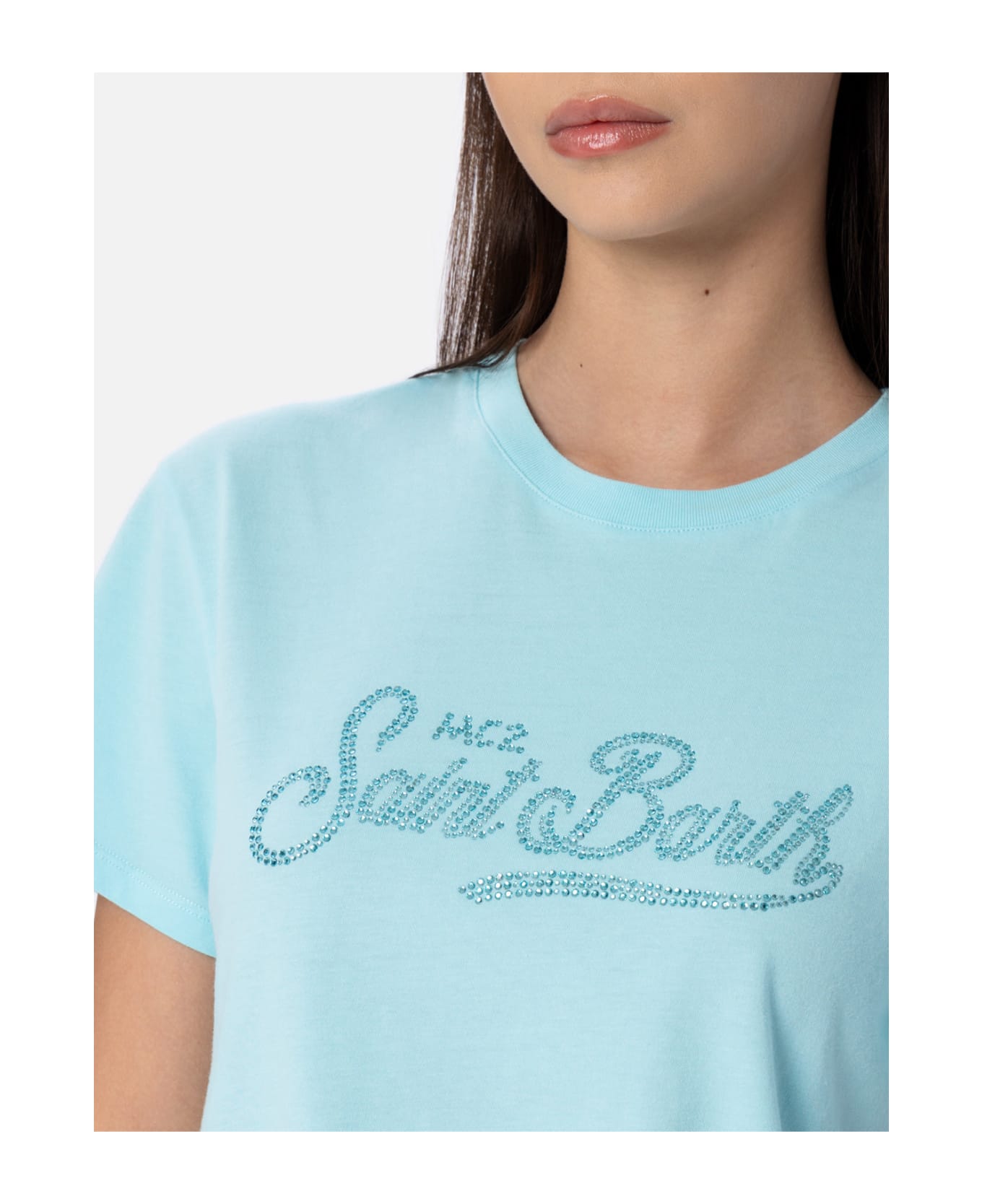 MC2 Saint Barth Woman Water Green Cotton Jersey Crewneck T-shirt Emilie With Rhinestones - GREEN
