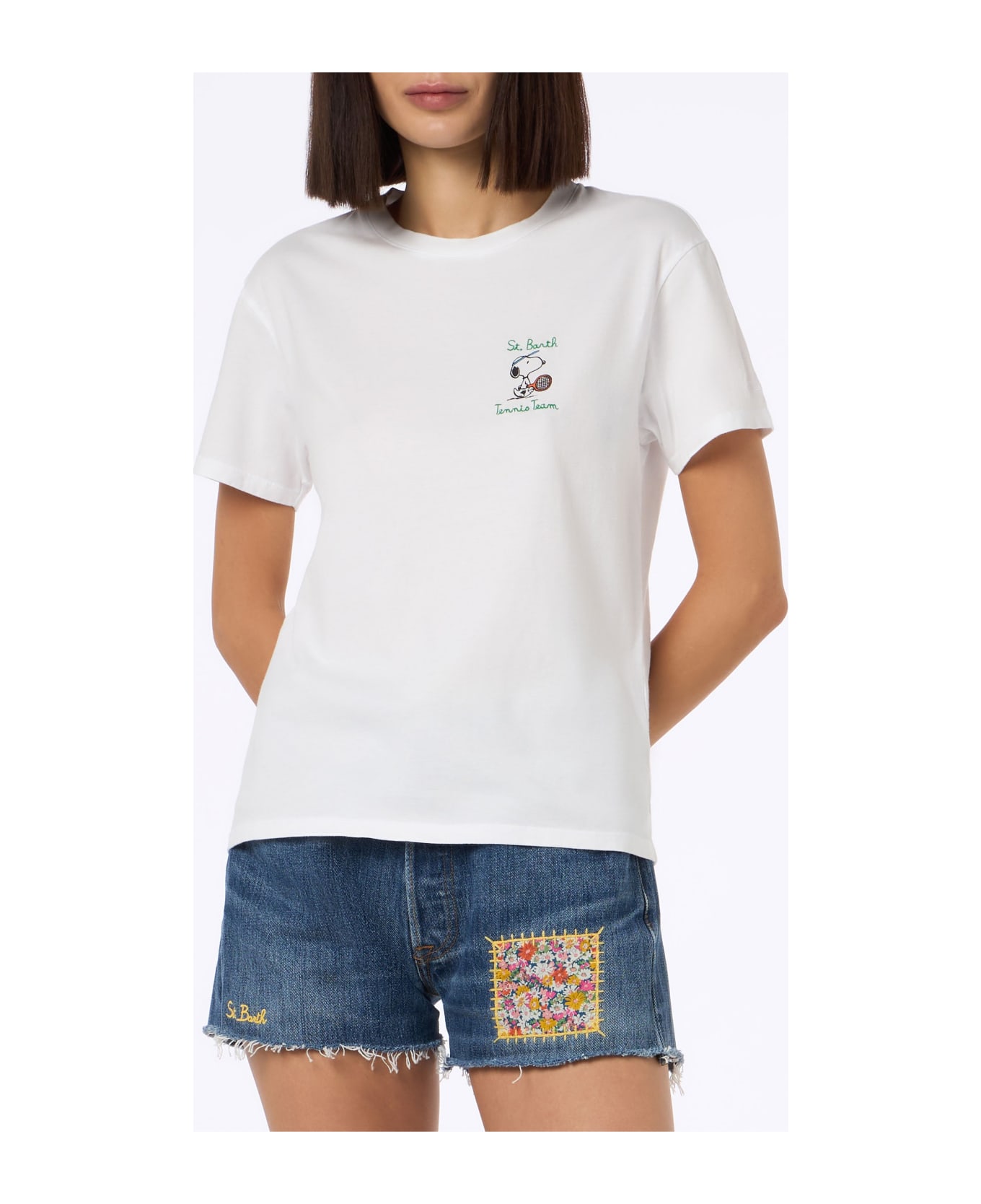 MC2 Saint Barth Woman Pink Cotton Jersey Crewneck T-shirt Emilie With Snoopy St. Barth Tennis Team Embroidery | Snoopy Peanuts Special Edition - WHITE