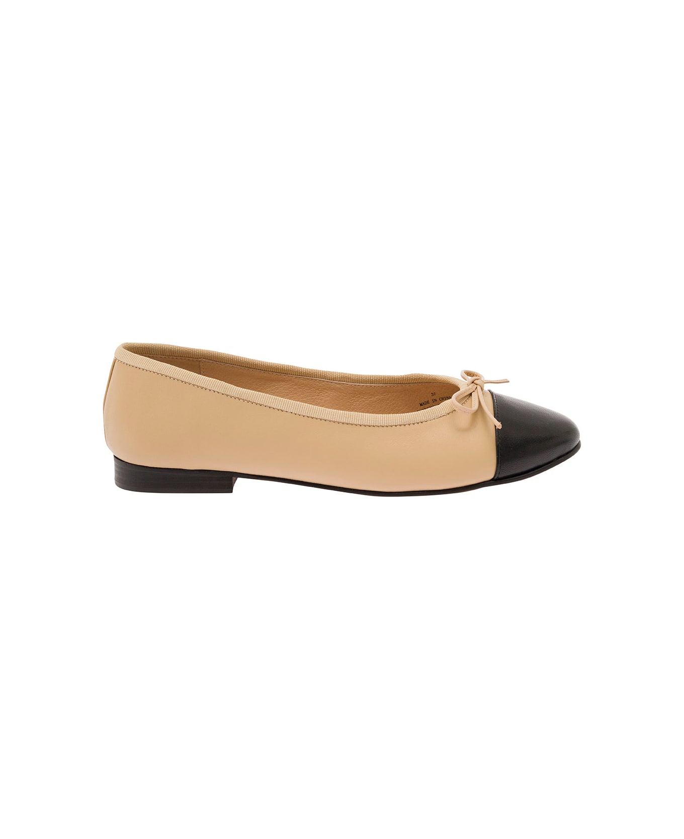 Jeffrey Campbell Beige Ballet Flats With Contrasting Toe And Bow In Leather Woman - Beige