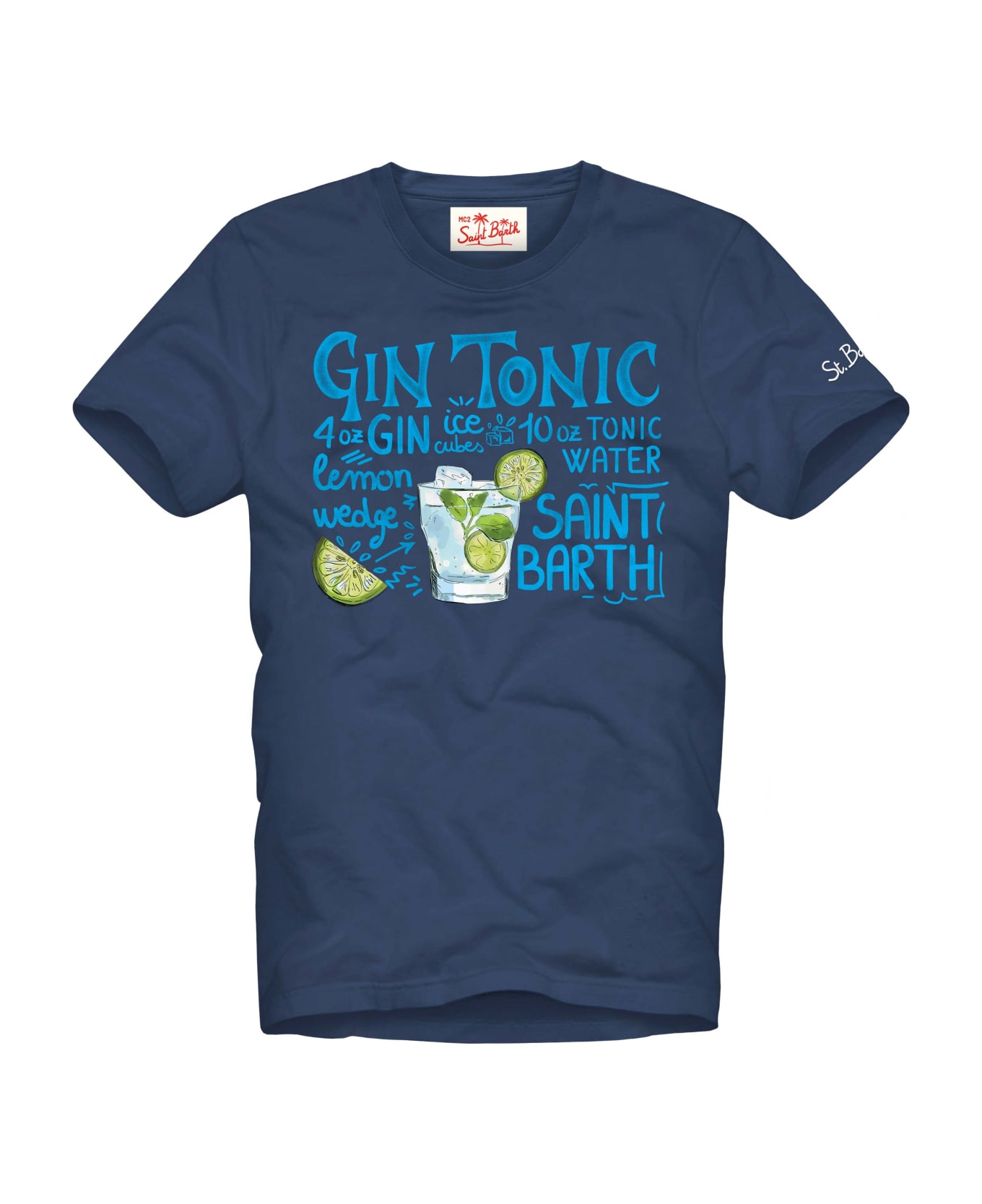 MC2 Saint Barth Man Cotton T-shirt With Gin Tonic Print - BLUE