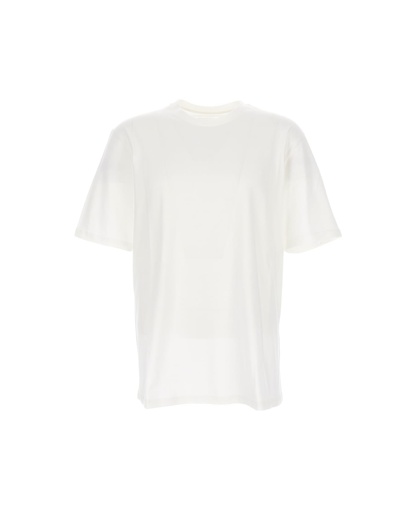 Jil Sander White Back Print Short-sleeved T-shirt In Cotton Man Paired With A Lime Yellow Long-sleeved Sheer T-shirt In Technical Fabric Man - White