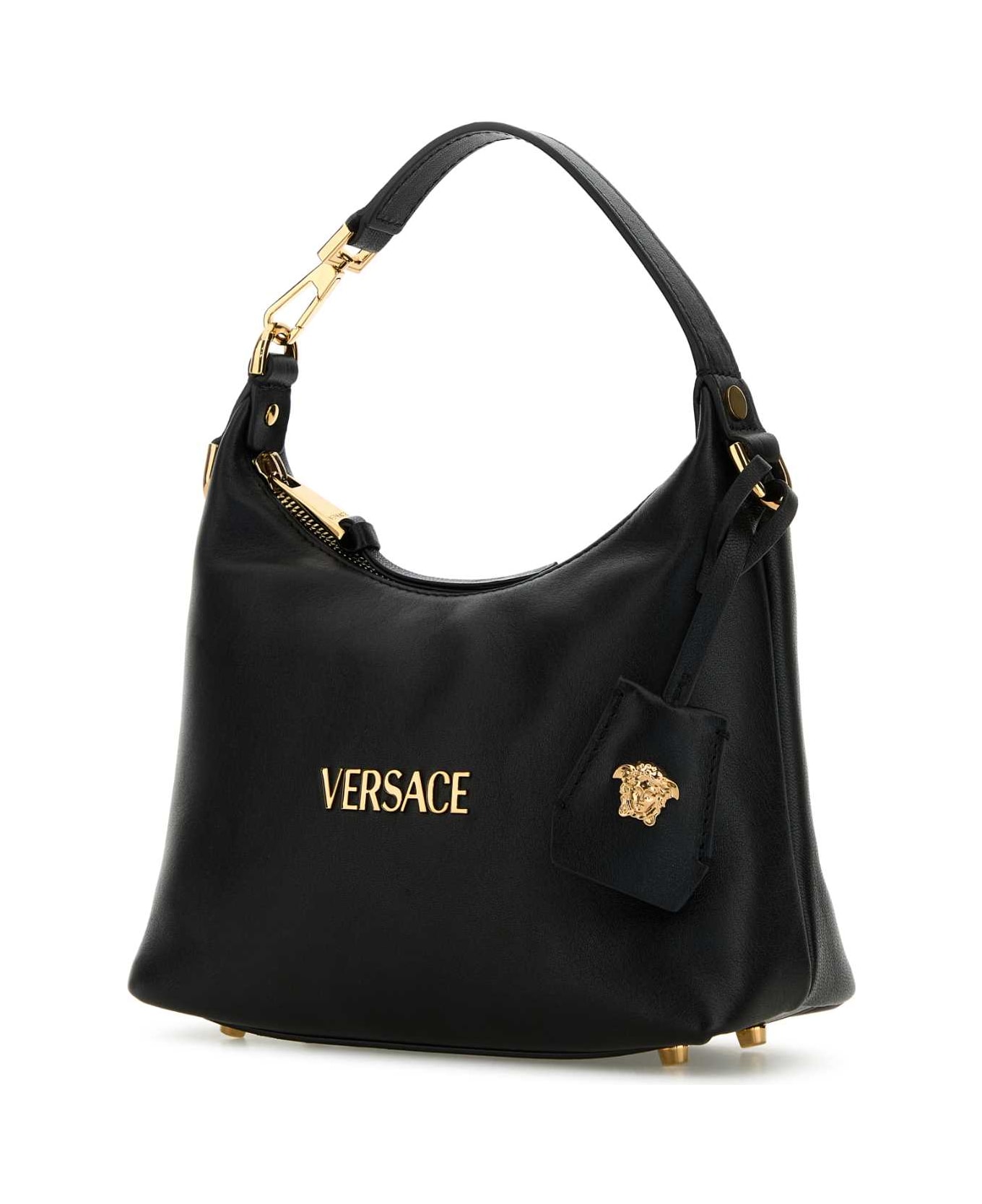 Versace Black Leather Hobo Versace Tag Handbag - BLACKVERSACEGOLD