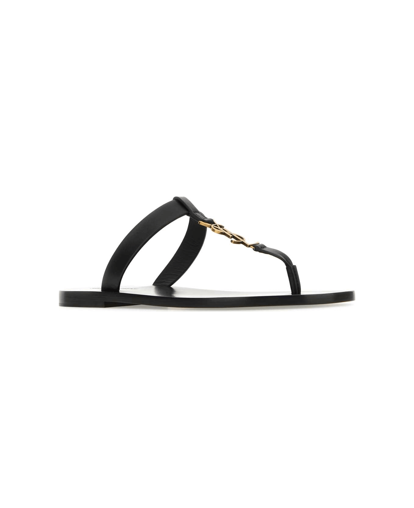 Saint Laurent Black Leather Cassandre Thong Slippers - NERO