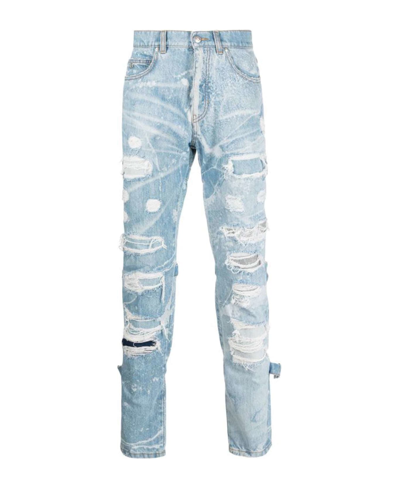 John Richmond Slim Wearability Jeans In 100% Cotton With Used Effect Lacerations - Denim