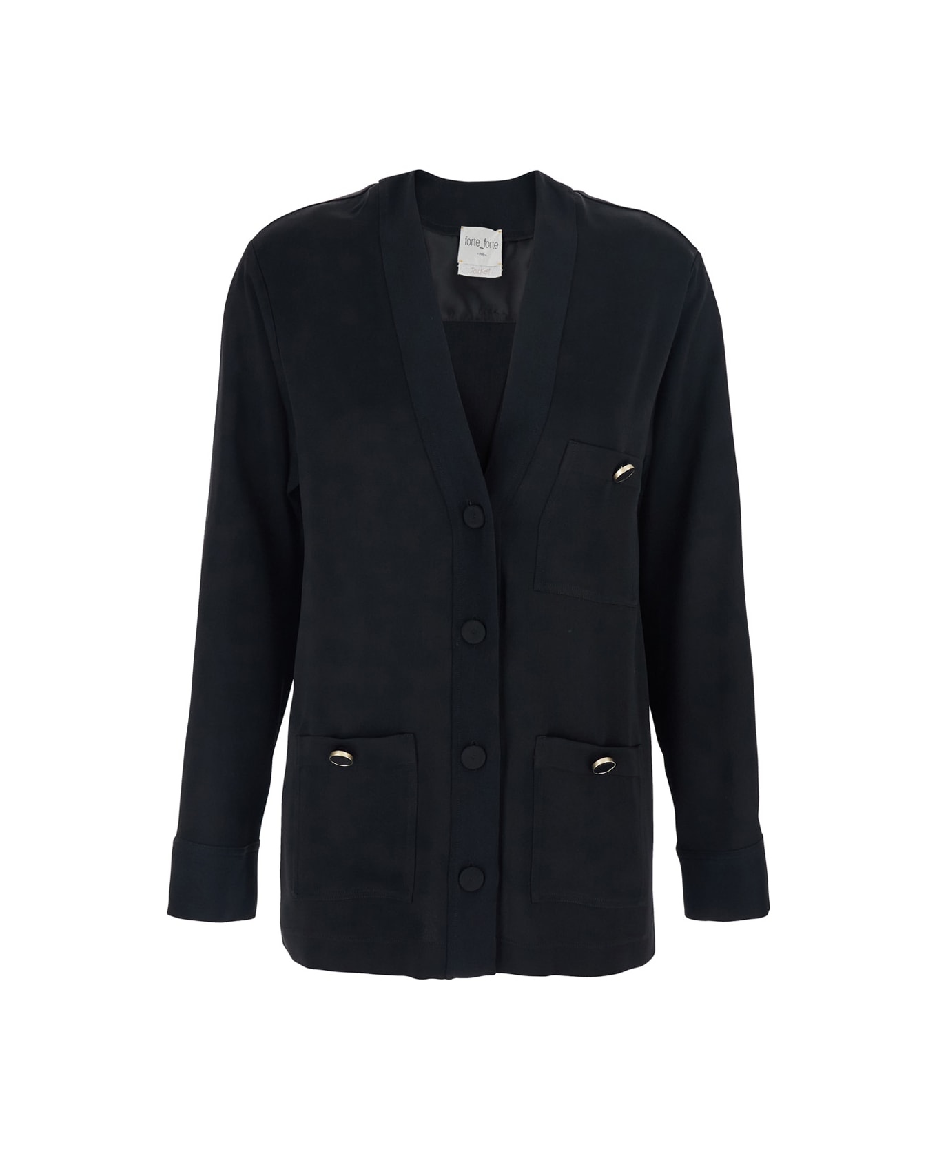 Forte_Forte Black V-neck Cardigan With Patch Pockets In Fabric Woman - Black
