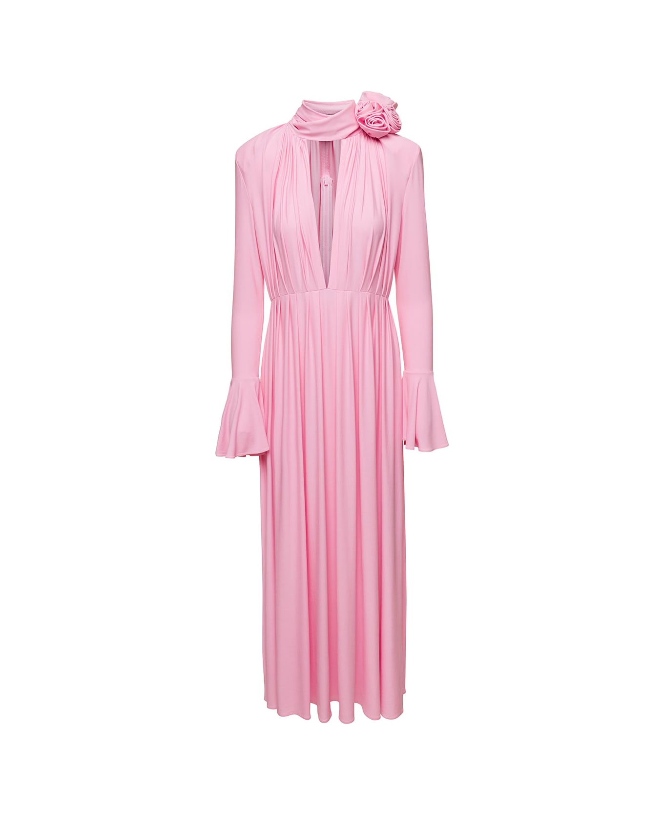 Magda Butrym Pink Pleated Midi-dress With Flower Applique In Cupro Woman - Pink
