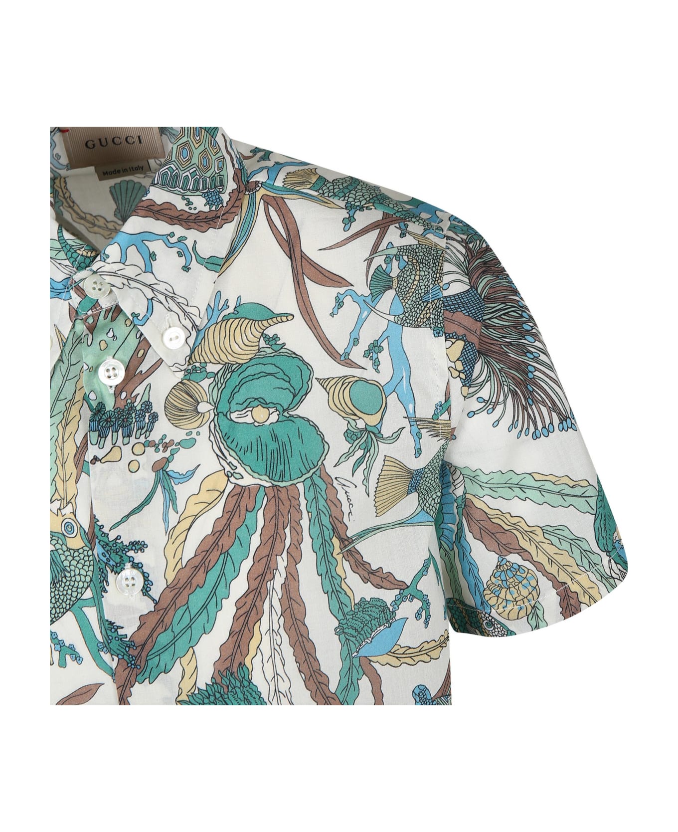 Gucci Ivory Shirt For Boy With Marine Print - Multicolor