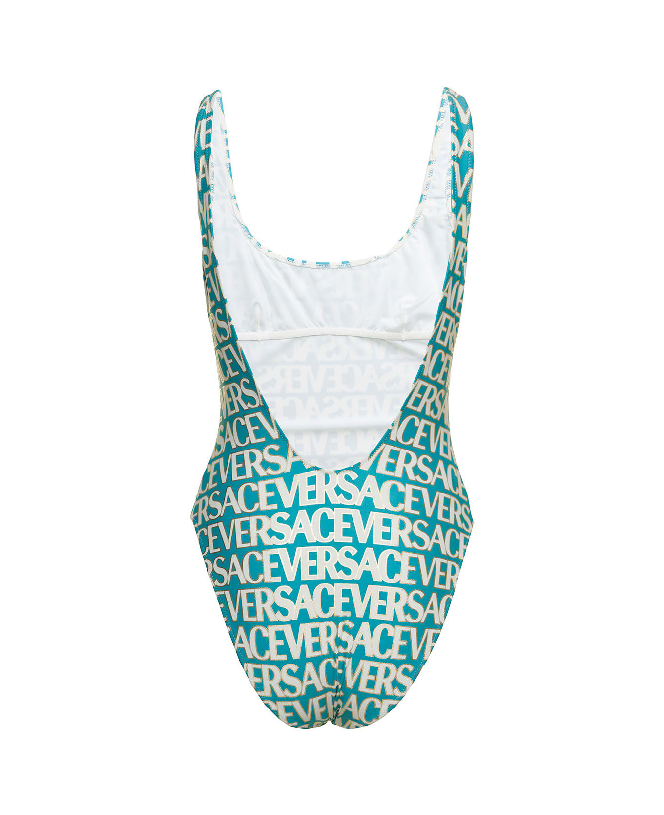 Versace Blue One-piece Swimsuit With All-over Logo Lettering Print In Stretch Tech Fabric Woman - Turquoise Avory 水着