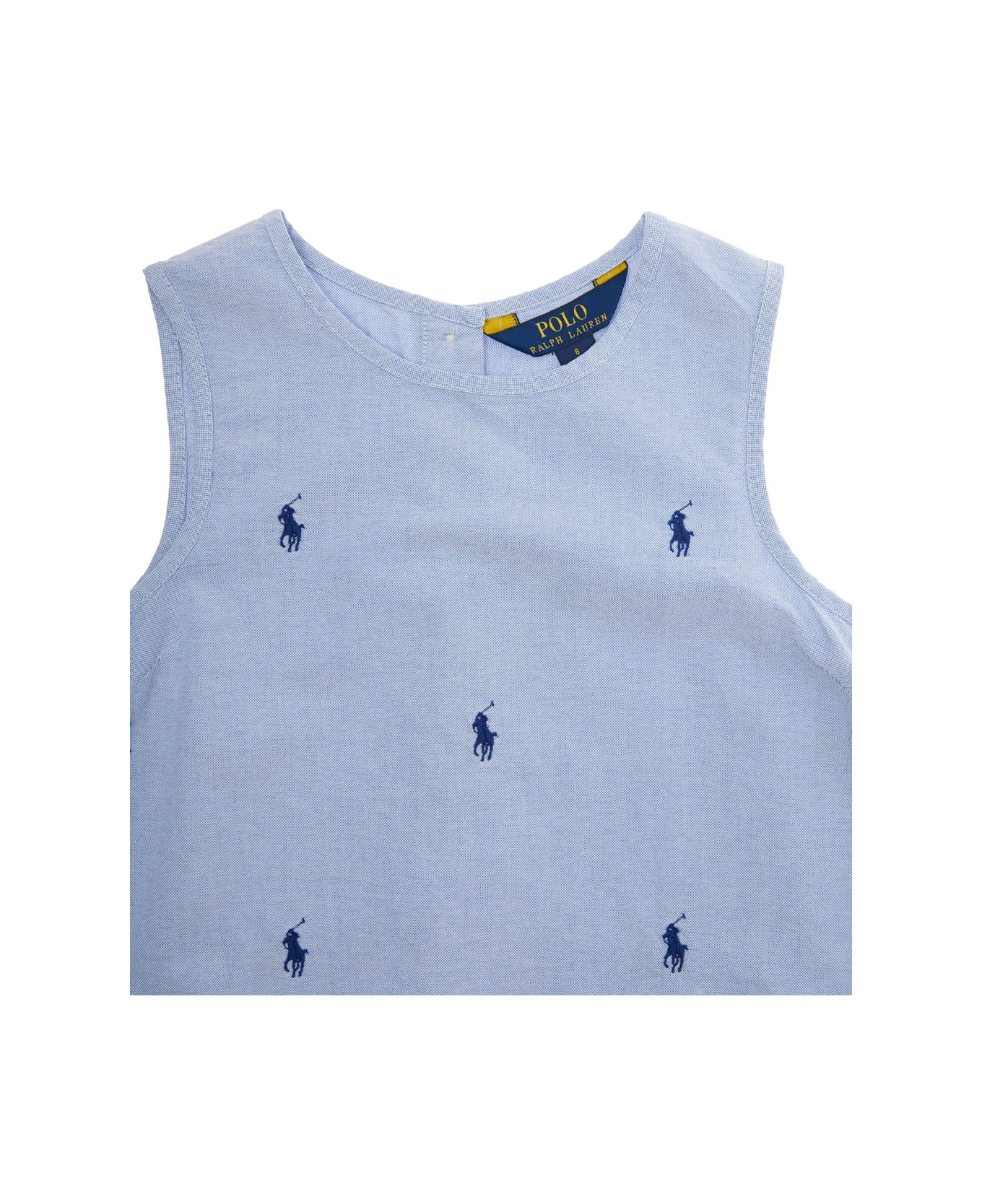 Polo Ralph Lauren Blue Crewneck Sleeveless Dress With All-over Pony Embroidery In Cotton Girl - Blu