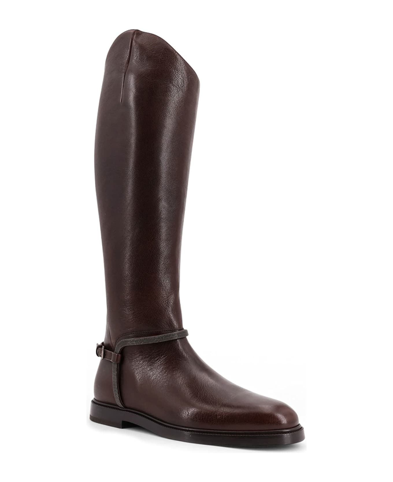 Brunello Cucinelli Leather Boots With Monili Detail - TESTA MORO