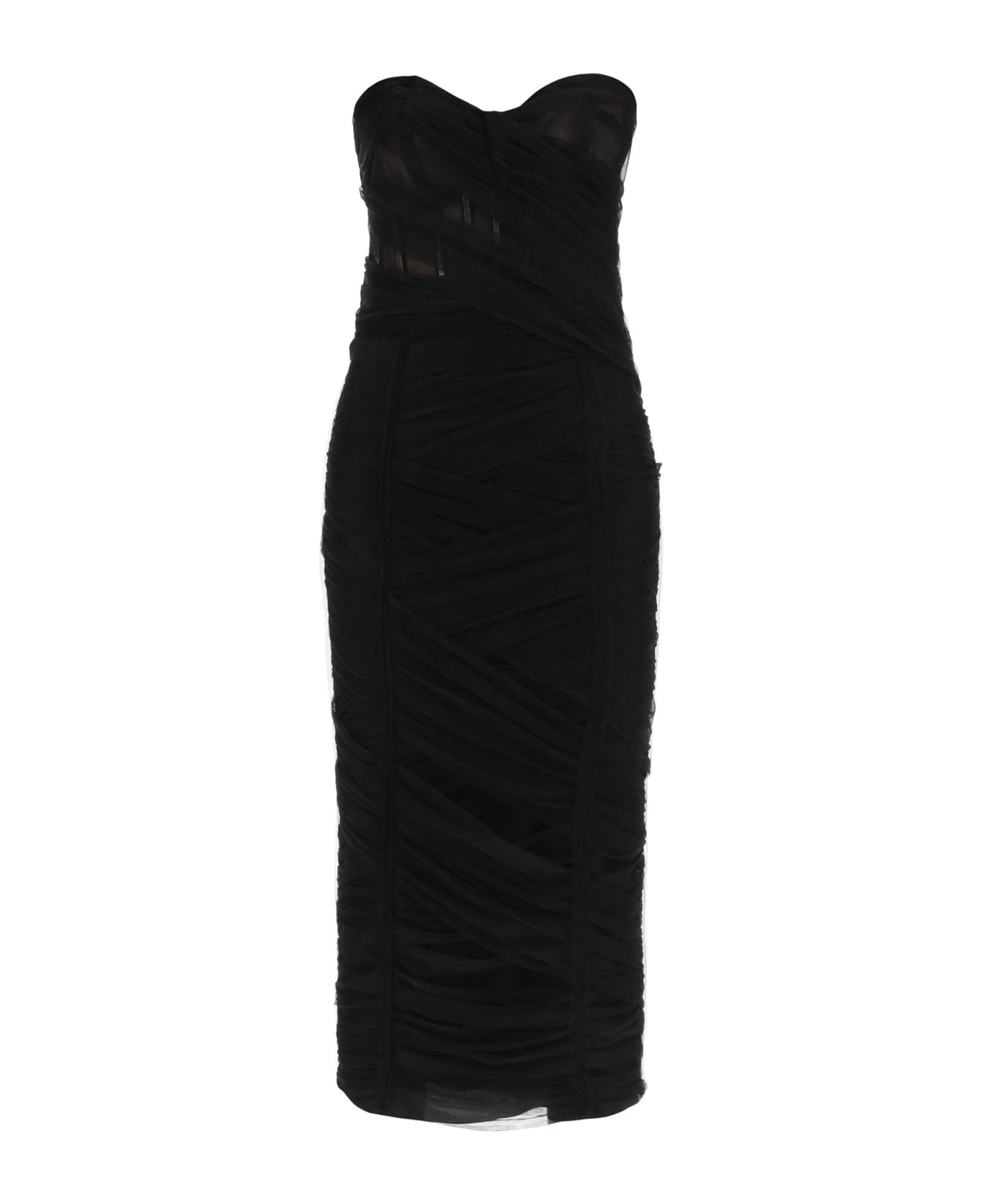 Dolce & Gabbana Midi Bustier Dress In Draped Tulle - NERO (Black)