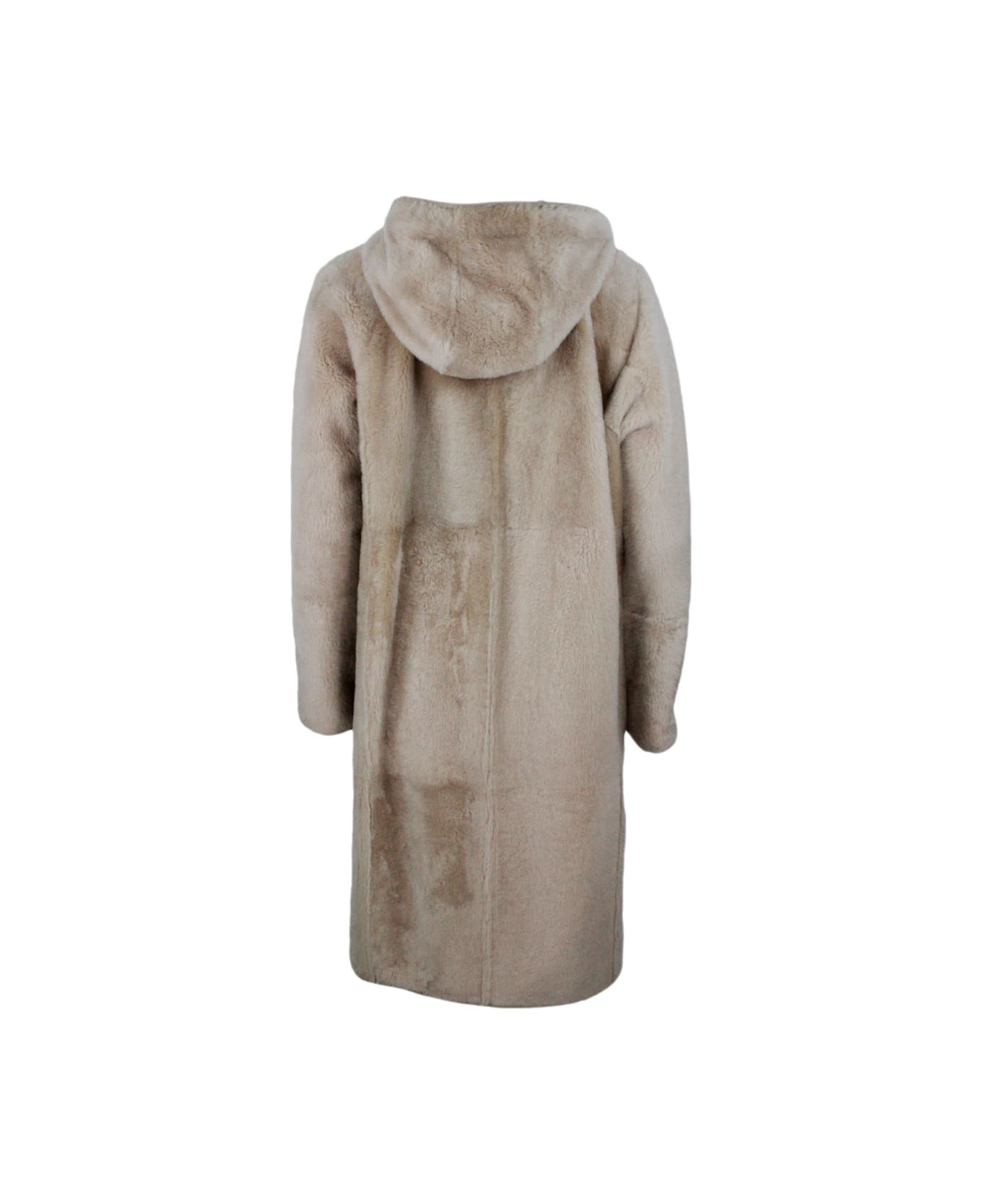 Brunello Cucinelli Reversible Coat In Soft Shearling With Hood - Beige