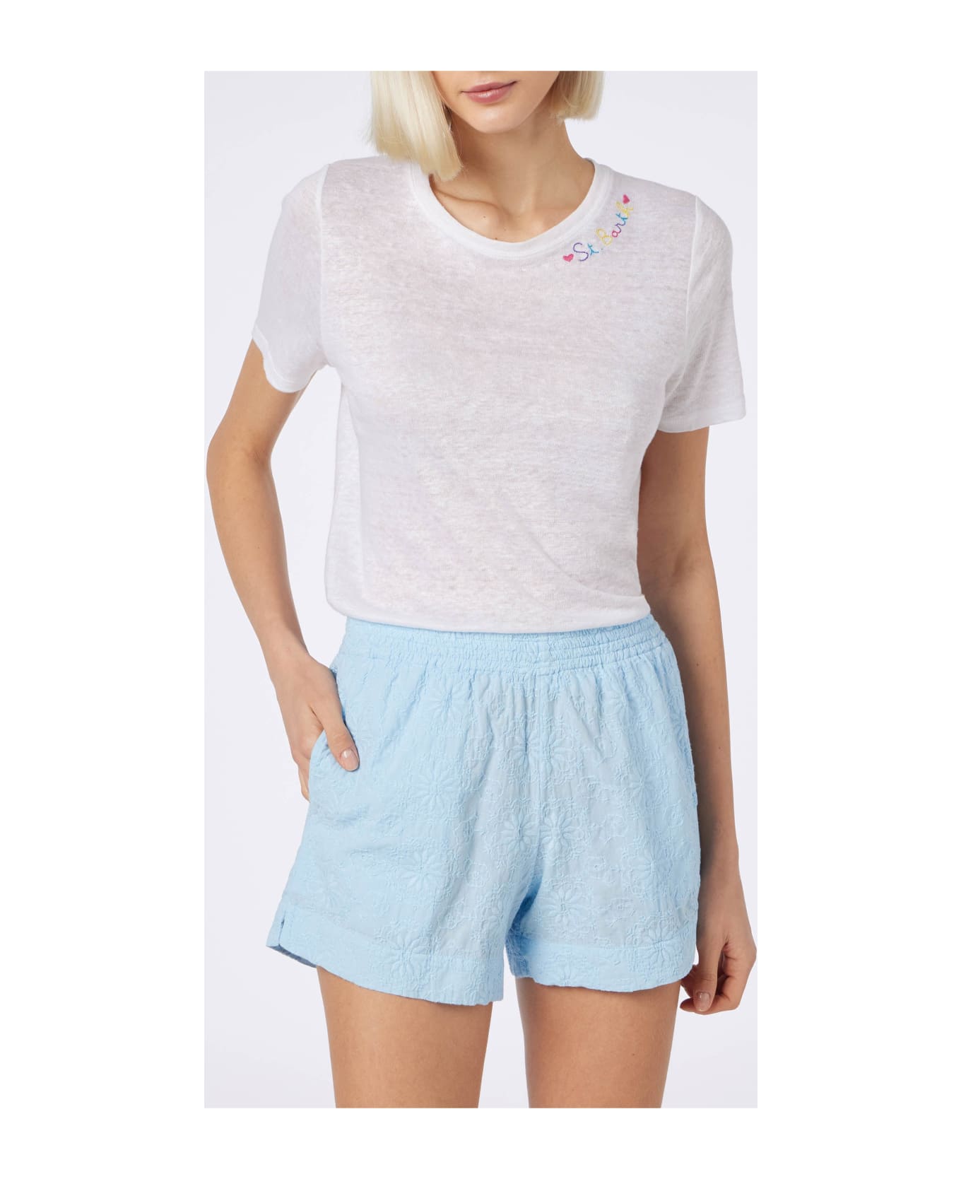 MC2 Saint Barth Woman Sangallo Cotton Pull Up Shorts Meave - SKY