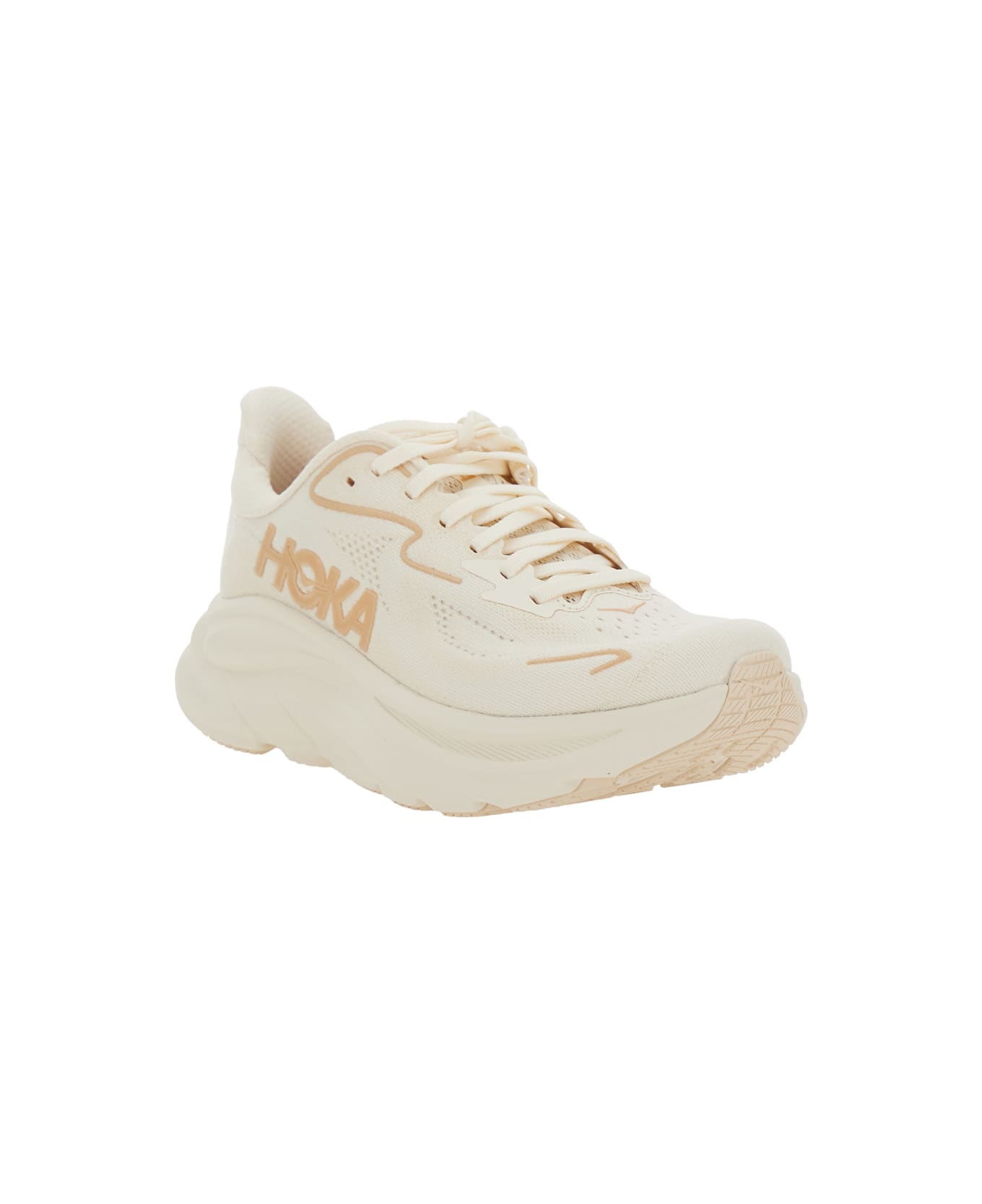 Hoka 'clifton 10' White Low Top Sneakers With Oversize Sole And Logo Lettering On The Side In Tehc Fabric Unisex - Beige