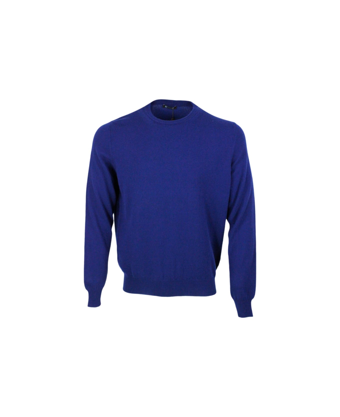 Colombo Long-sleeved Crewneck Sweater In Fine 2-ply 100% Kid Cashmere With Special Processing On The Edge Of The Neck - Blu royal