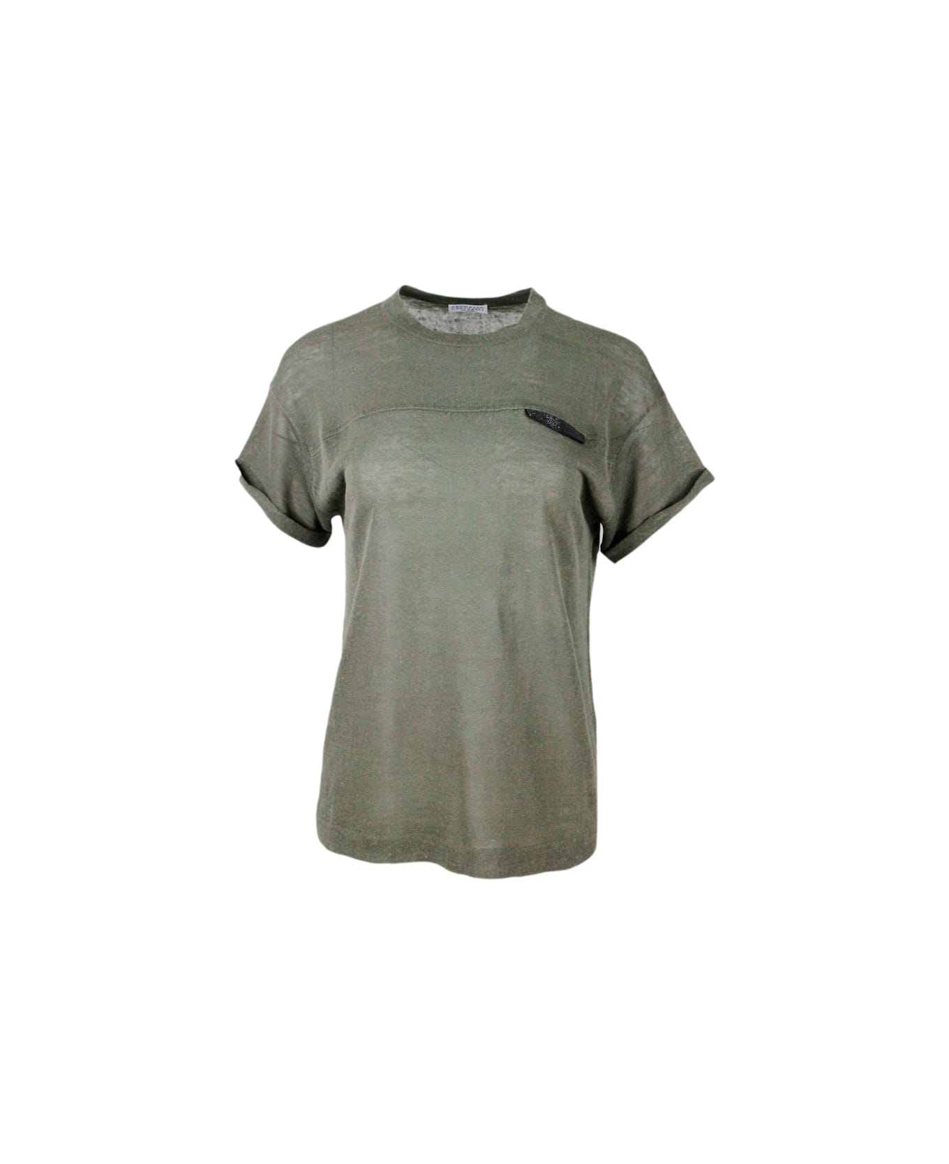 Brunello Cucinelli Short-sleeved Crew-neck Linen Sweater Embellished With Monili Detail On The Chest - Military