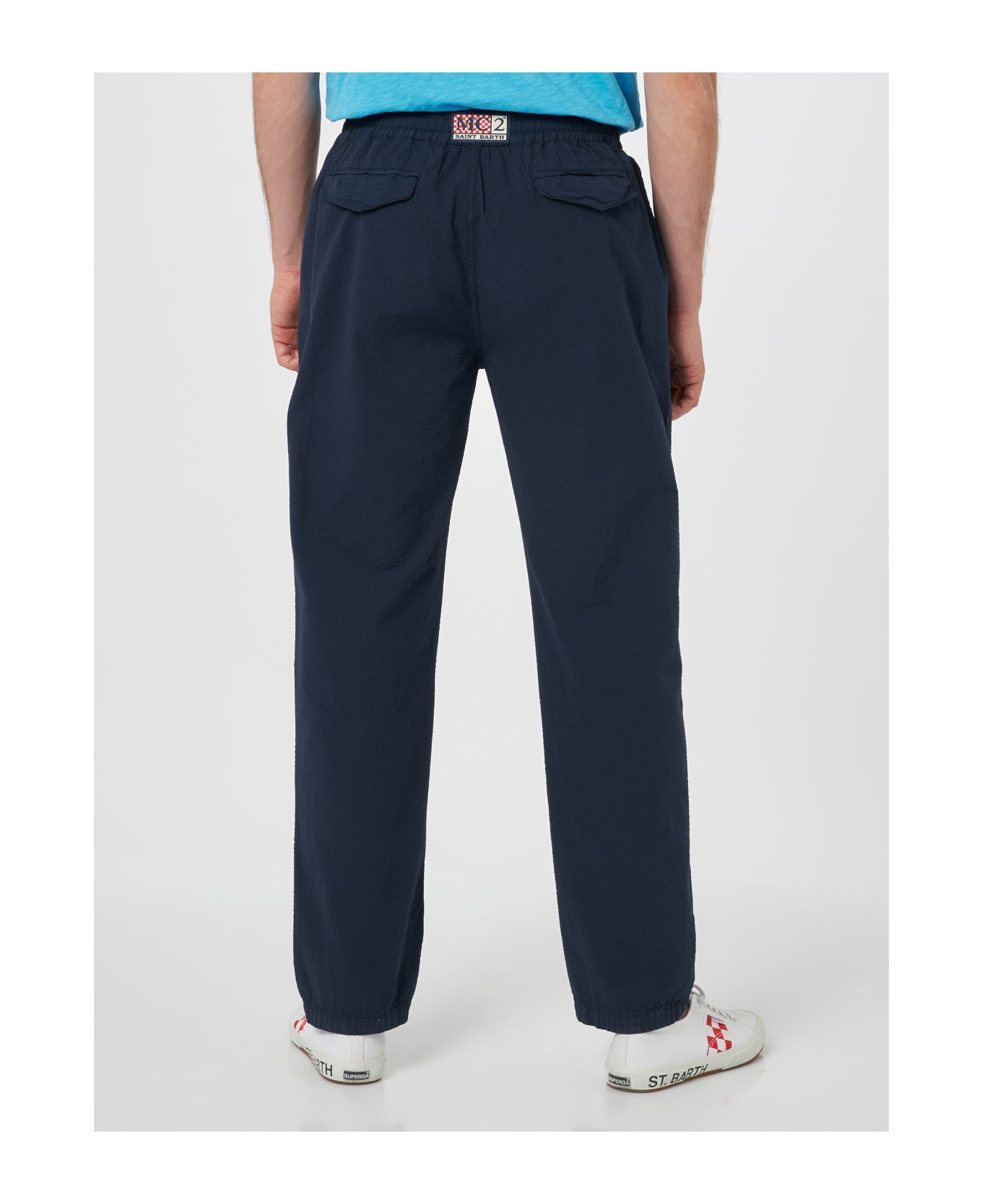 MC2 Saint Barth Man Navy Blue Seersucker Cotton Pants Relais - BLUE NAVY