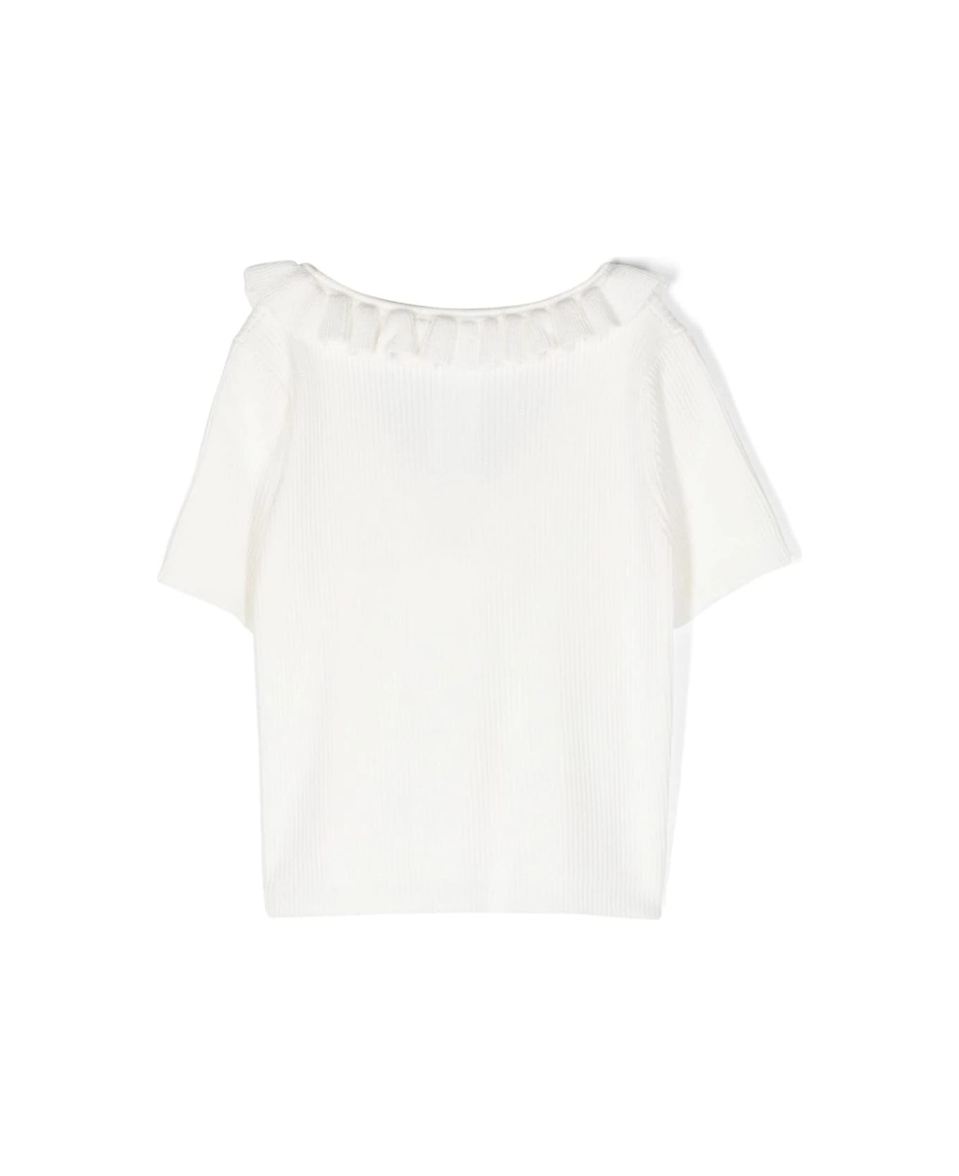 Miss Blumarine White Ribbed T-shirt With Ruffles - Bianco