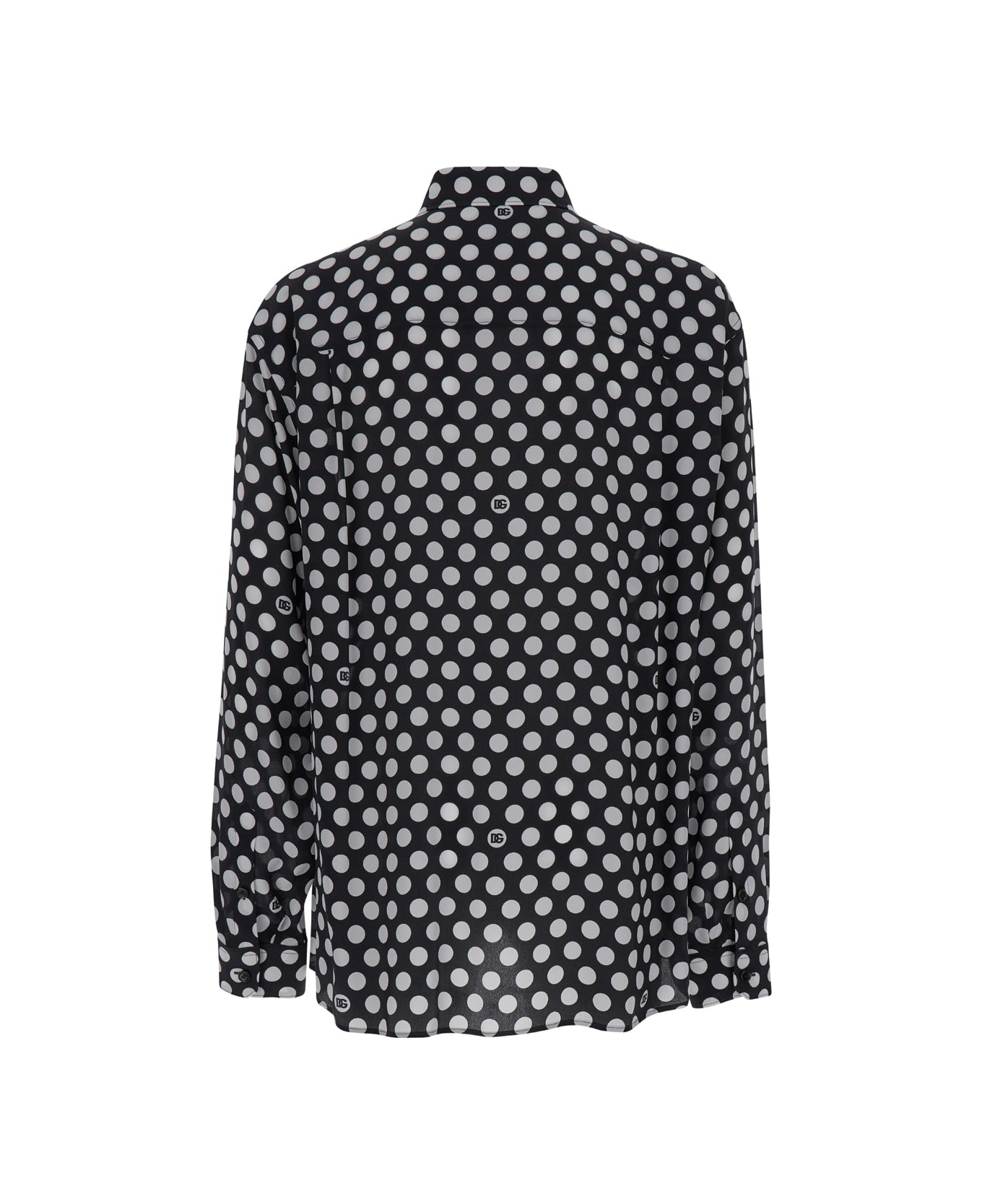 Dolce & Gabbana Black Oversized Shirt With Polka Dot Dg Print In Silk Crepe Man - Black