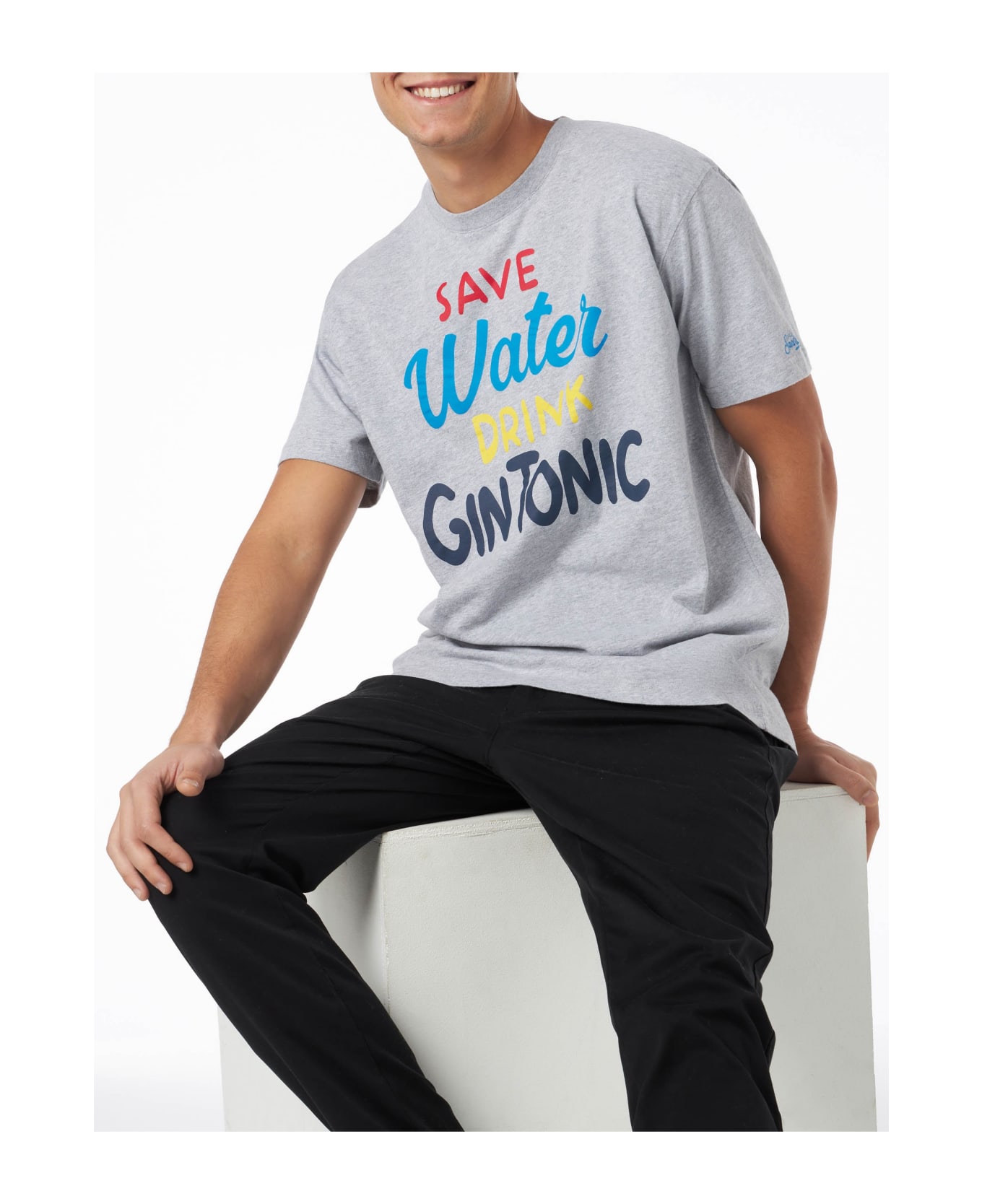 MC2 Saint Barth Man Heavy Cotton T-shirt With Gin Tonic Print - GREY