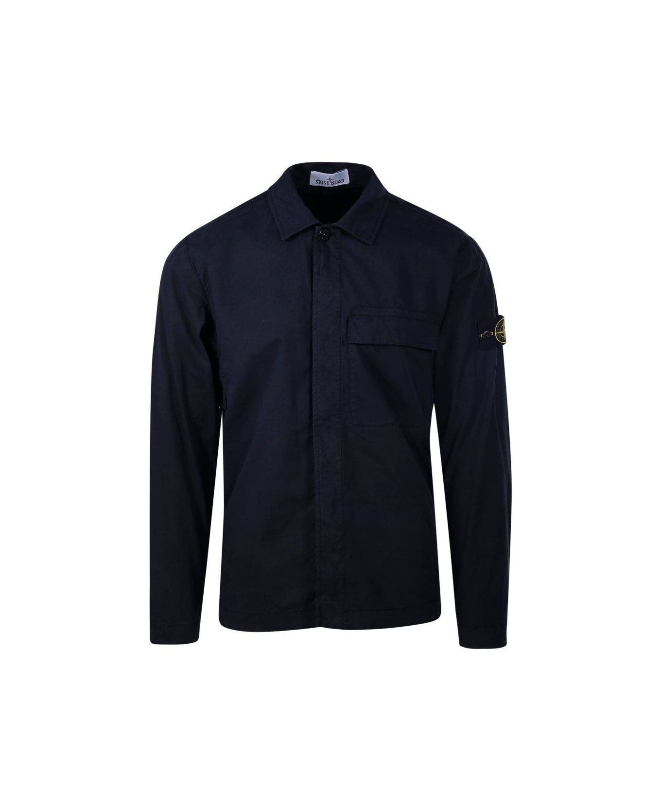 Stone Island Logo Patch Collared Shirt Jacket - Blu