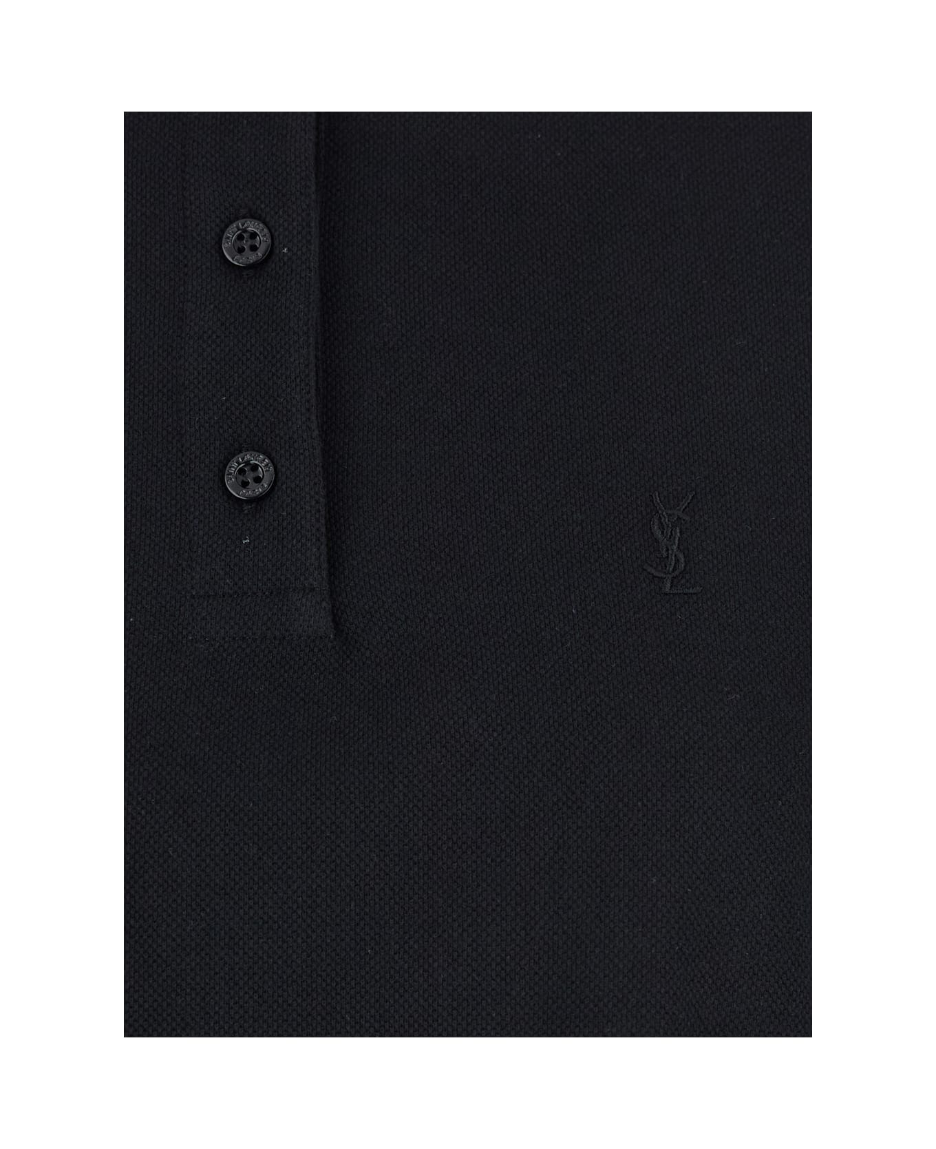 Saint Laurent Black Oversize Polo Shirt With Classic Collar And Tonal Logo Embroidery On The Front In Cotton Piquet Woman - Black