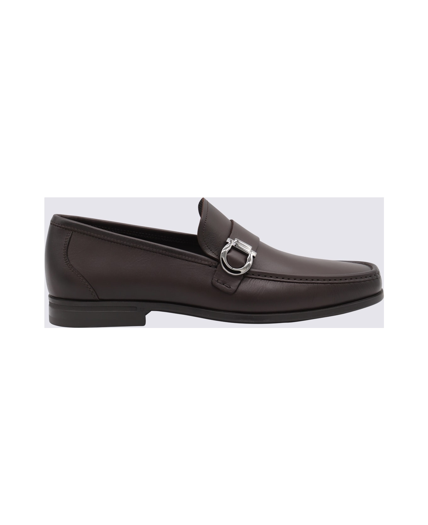 Ferragamo Dark Brown Leather Gancini Loafers - TESTA MORO