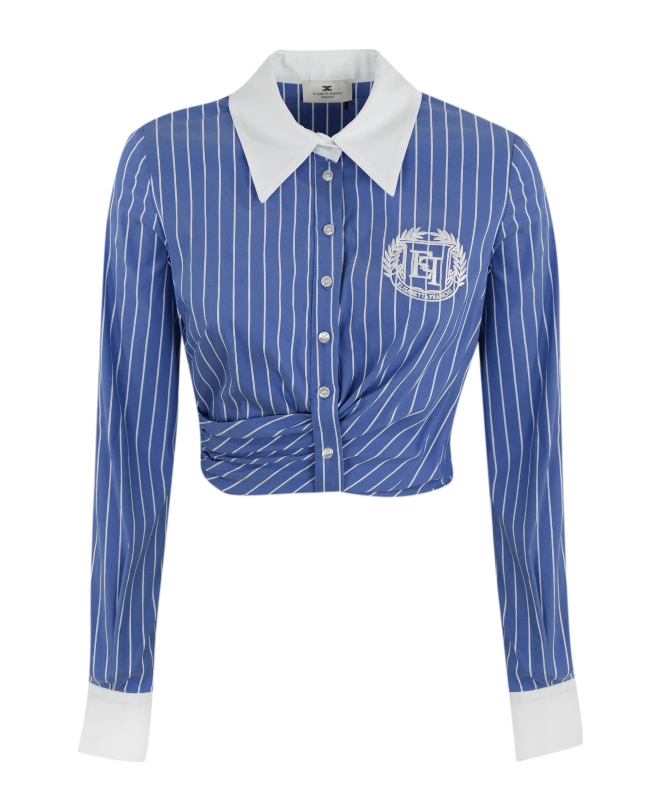 Elisabetta Franchi Cropped Shirt In Striped Poplin - Navy/bianco