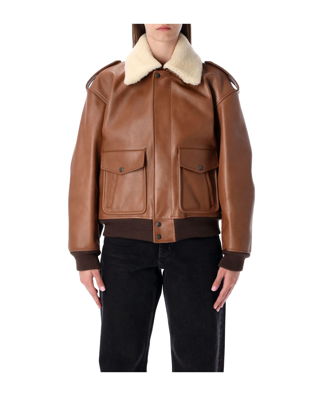 Saint Laurent Brown Leather Bomber Jacket With Shearling Collar - TERRACOTTA
