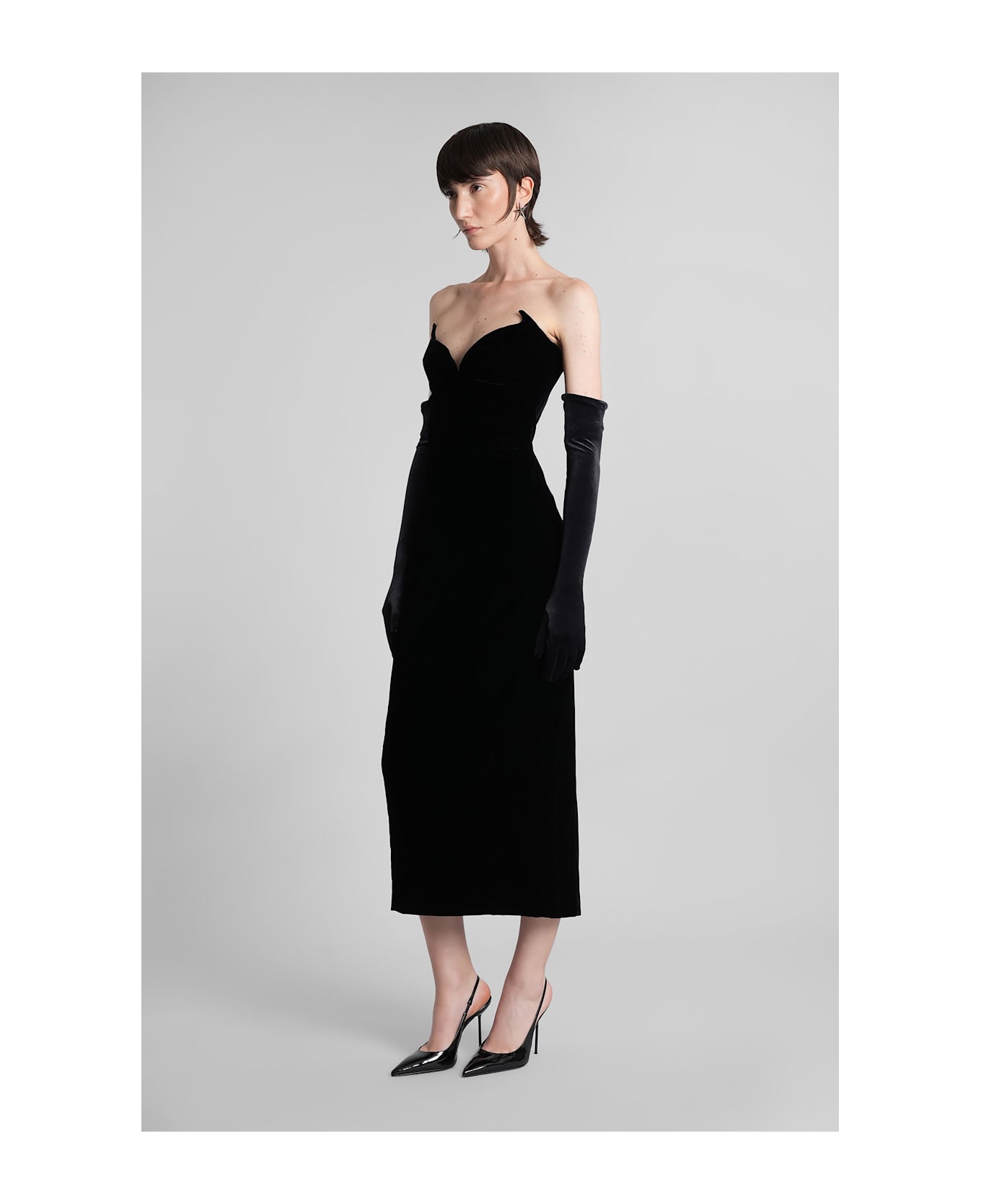 Mugler Long Dress In Black Velvet - black