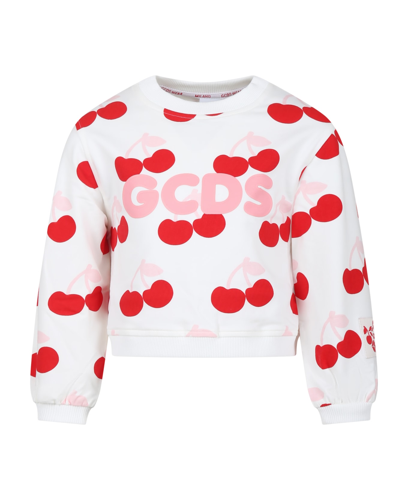 GCDS Mini White Sweatshirt For Girl With Cherries - White