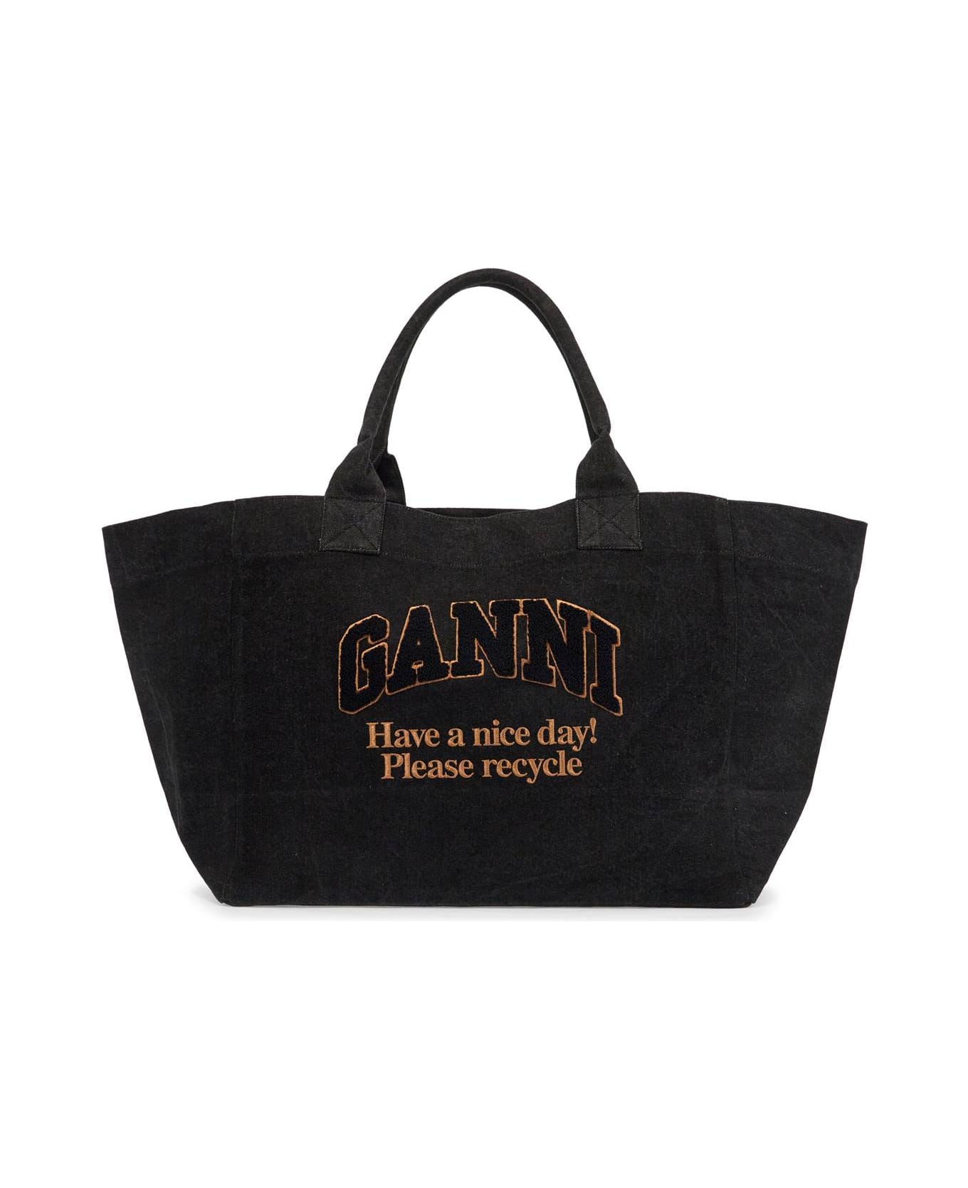 Ganni Denim Logo Tote Bag With 9 - BLACK (Black)