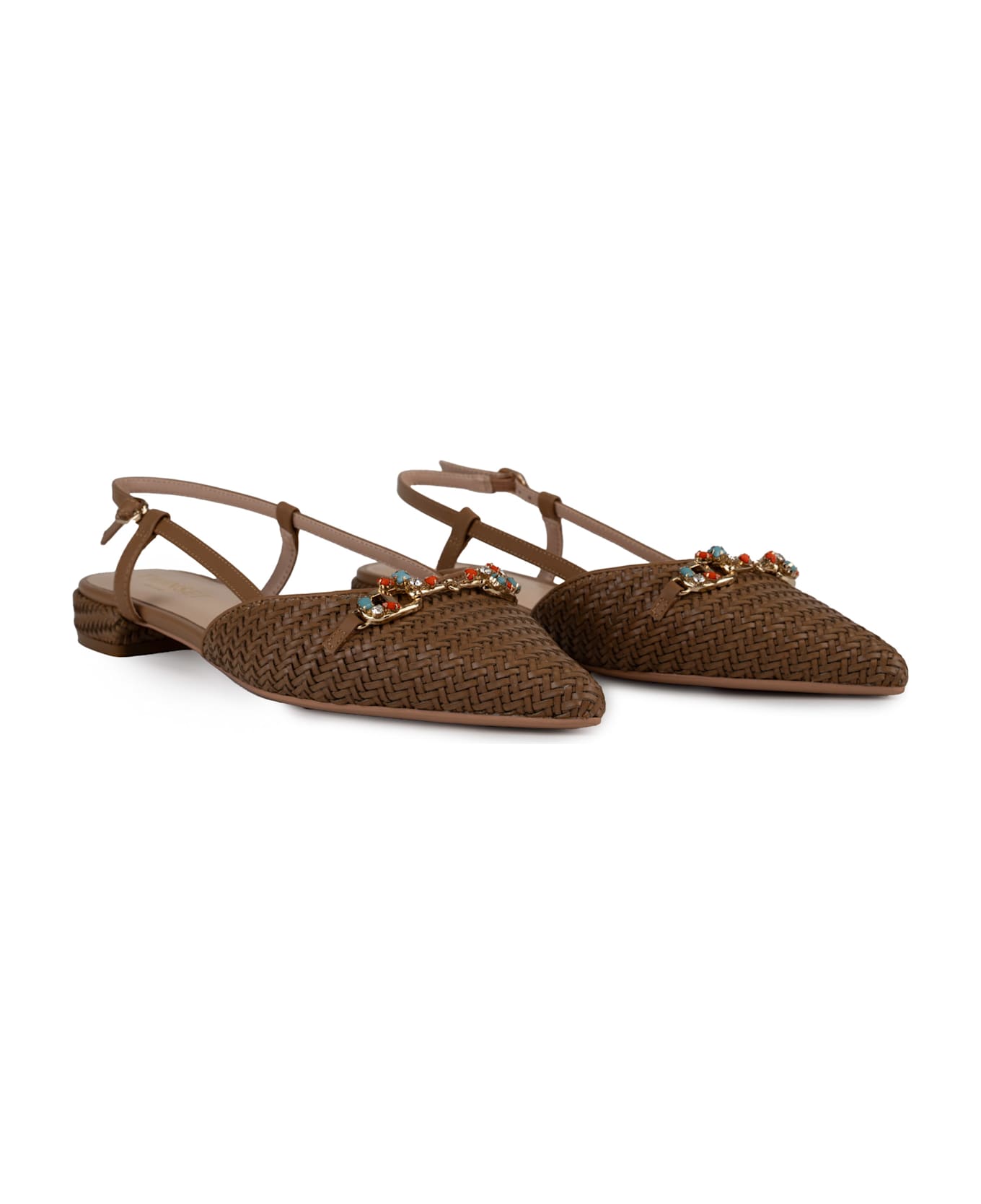 TwinSet Raffia Sandal With Jeweled Clamp - Brown
