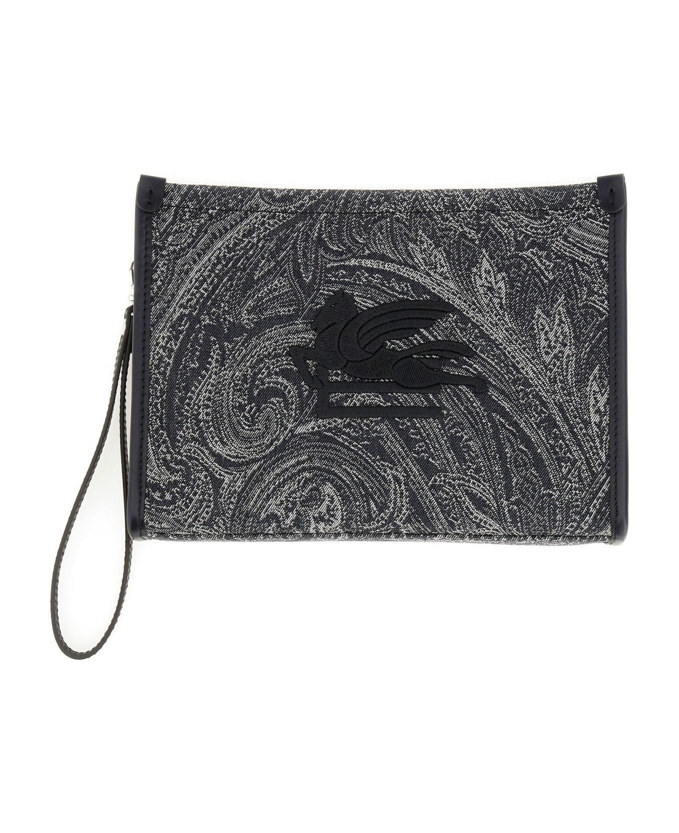 Etro Navy Blue Pouch With Paisley Jacquard Motif - Blue