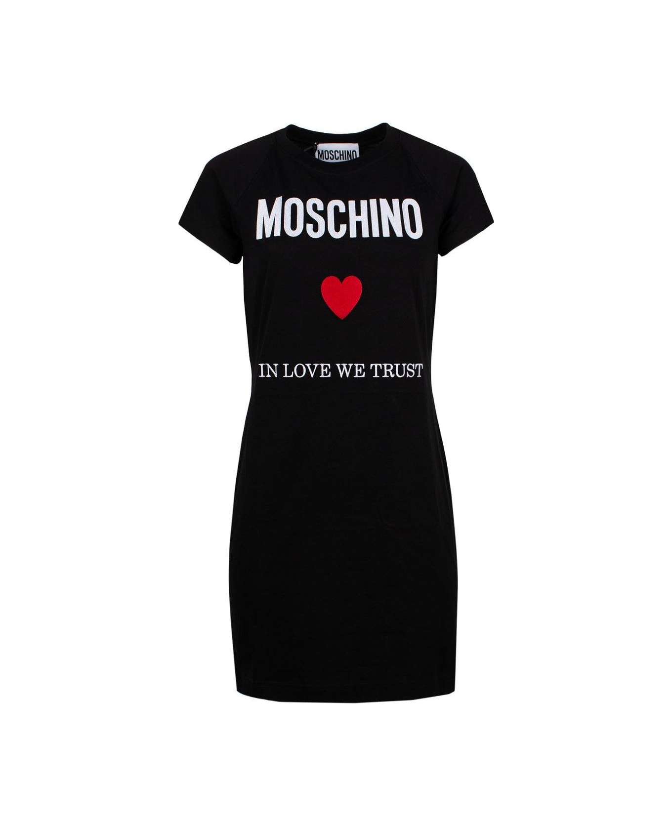 Moschino Logo Embroidered T-shirt Dress - BLACK