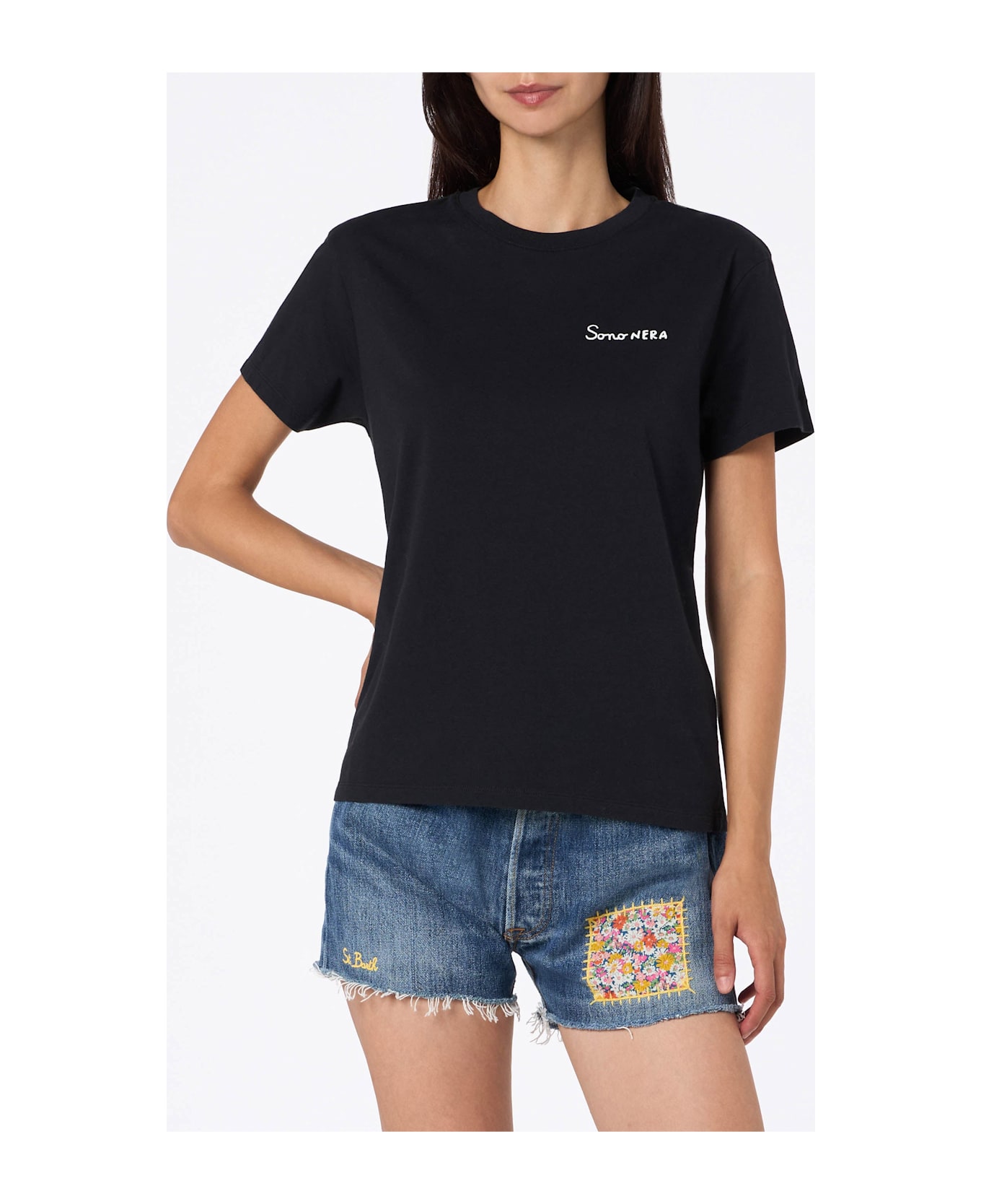 MC2 Saint Barth Woman Black Cotton Jersey Crewneck T-shirt Emilie With Sono Nera Embroidery - BLACK