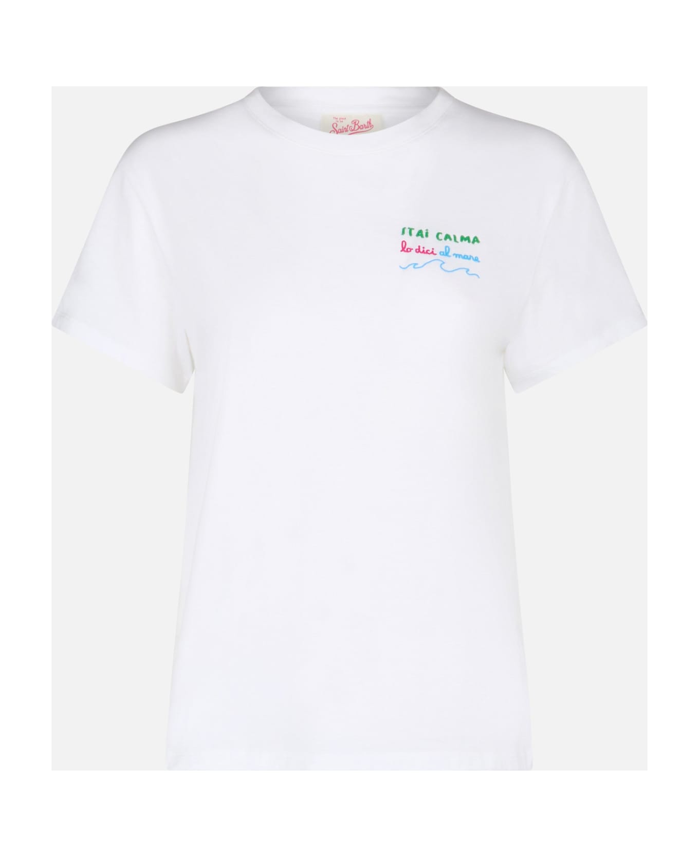 MC2 Saint Barth Woman Cotton Jersey Crewneck T-shirt Emilie With Stai Calma Lo Dici Al Mare Embroidery - WHITE