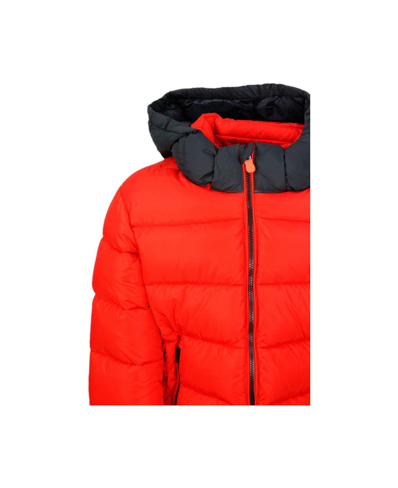 Save the Duck Rumex Down Jacket With Detachable Hood With Animal Free Padding And No Animal Derivatives With Zip Closure And Logo On The Sleeve. Elasticated Edges. - Red