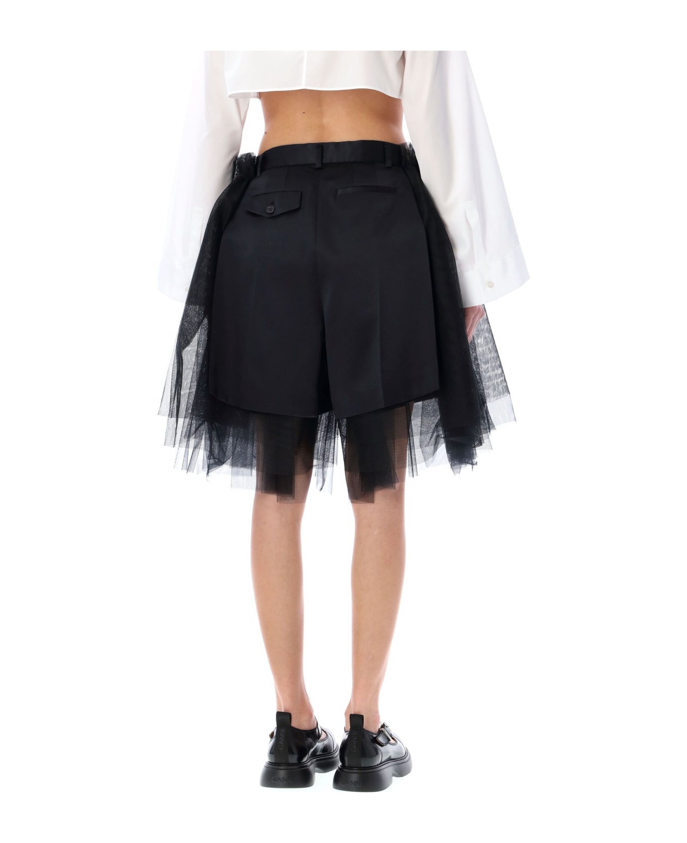 Noir Kei Ninomiya Tulle-overlay Tailored Shorts - BLACK