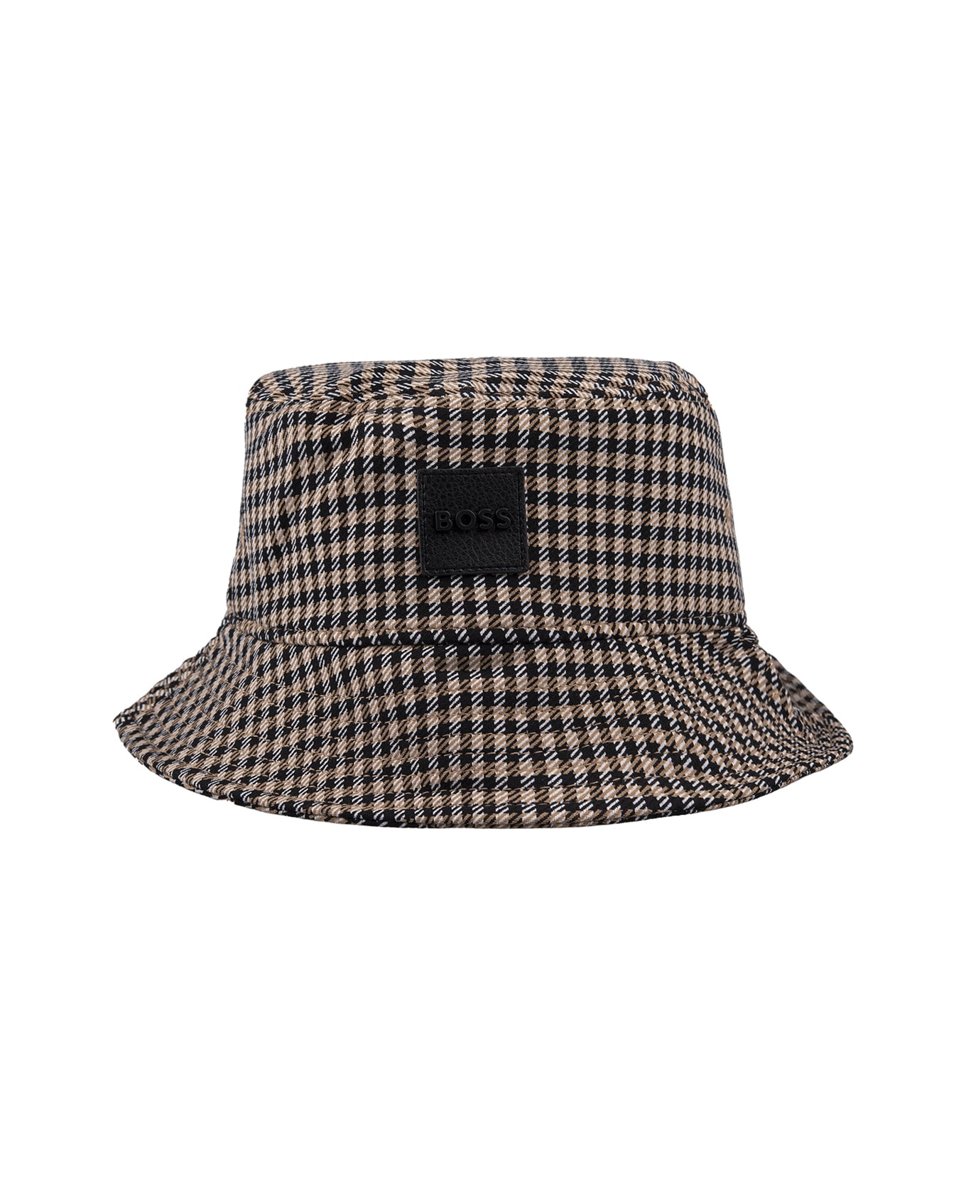Hugo Boss Beige Twil Bucket Hat With Houndstooth Pattern And Logo Plate - Brown