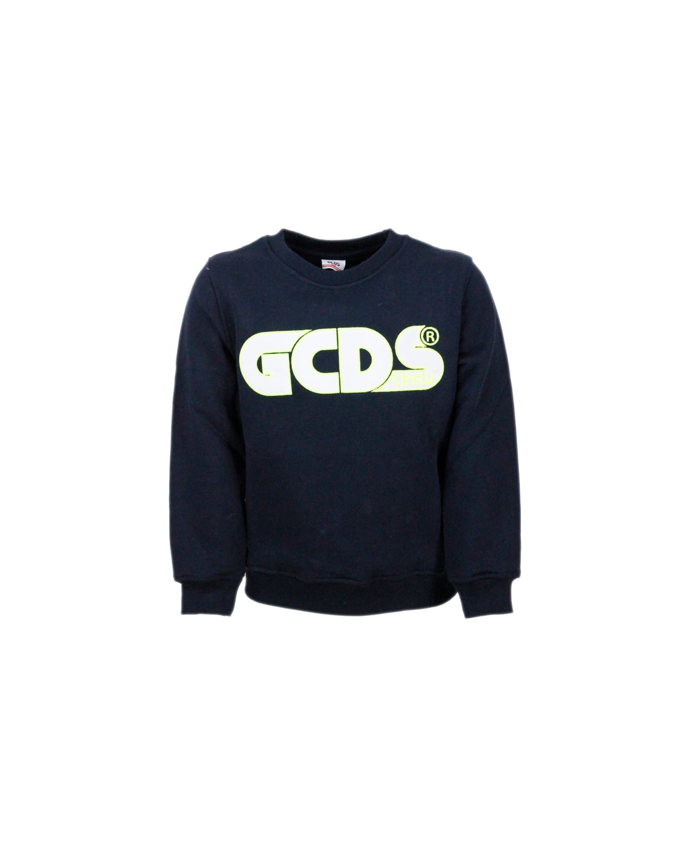 GCDS Crewneck Sweatshirt With Writing With Fluorescent Profiles - Blu