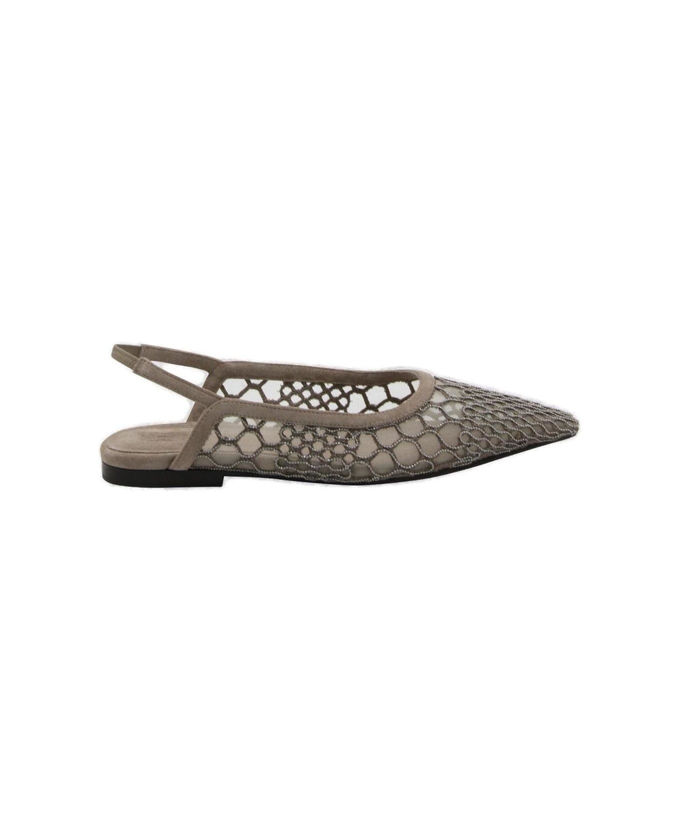 Brunello Cucinelli Pointed-toe Slingback Ballerina Shoes - Mud フラットシューズ