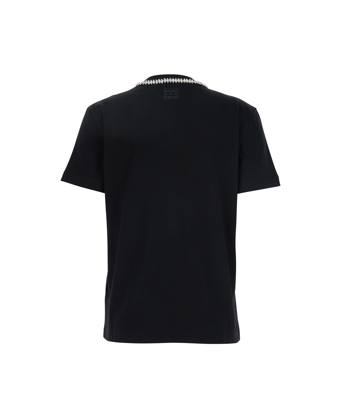 SEMICOUTURE Black Round Neck T-shirt With Metallic Decorations In Cotton Woman - Black