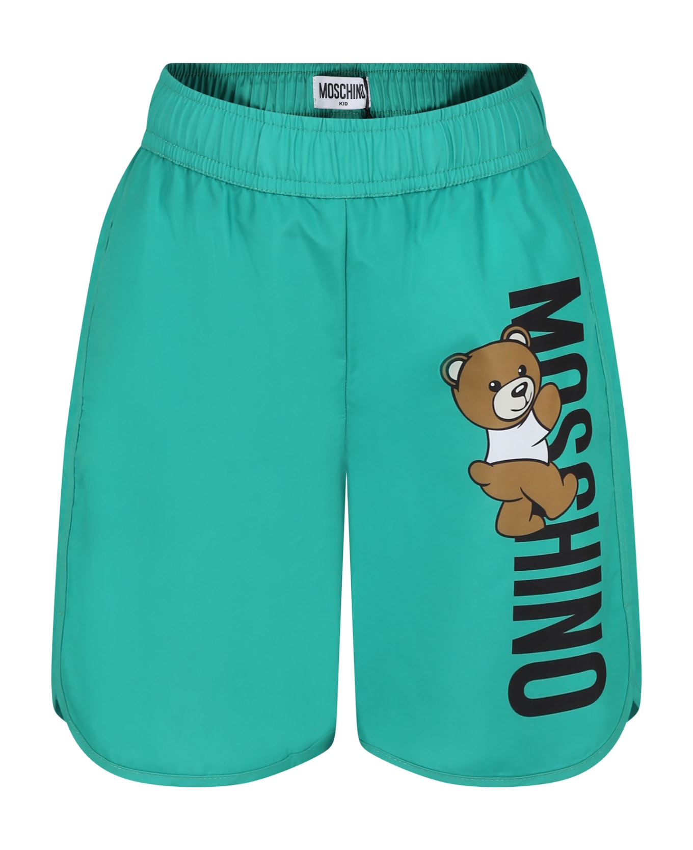 Moschino Green Swim Shorts For Boy With Teddy Bear And Logo - Green