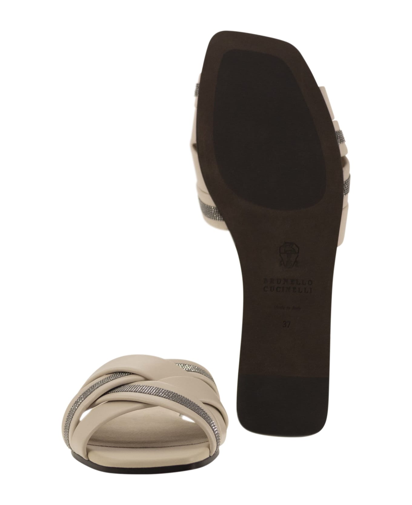 Brunello Cucinelli Nappa Leather Slides With Jewellery - Ivory